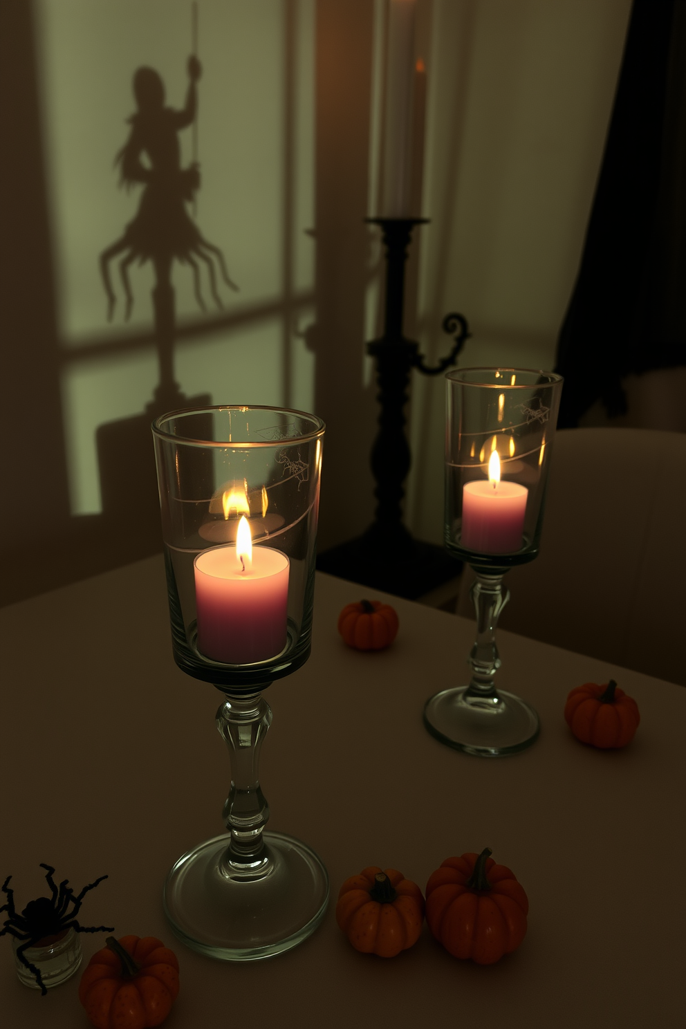 Candles flicker in eerie glass holders casting haunting shadows across the room. The space is adorned with subtle Halloween decorations, featuring small pumpkins and cobwebs that enhance the atmosphere.