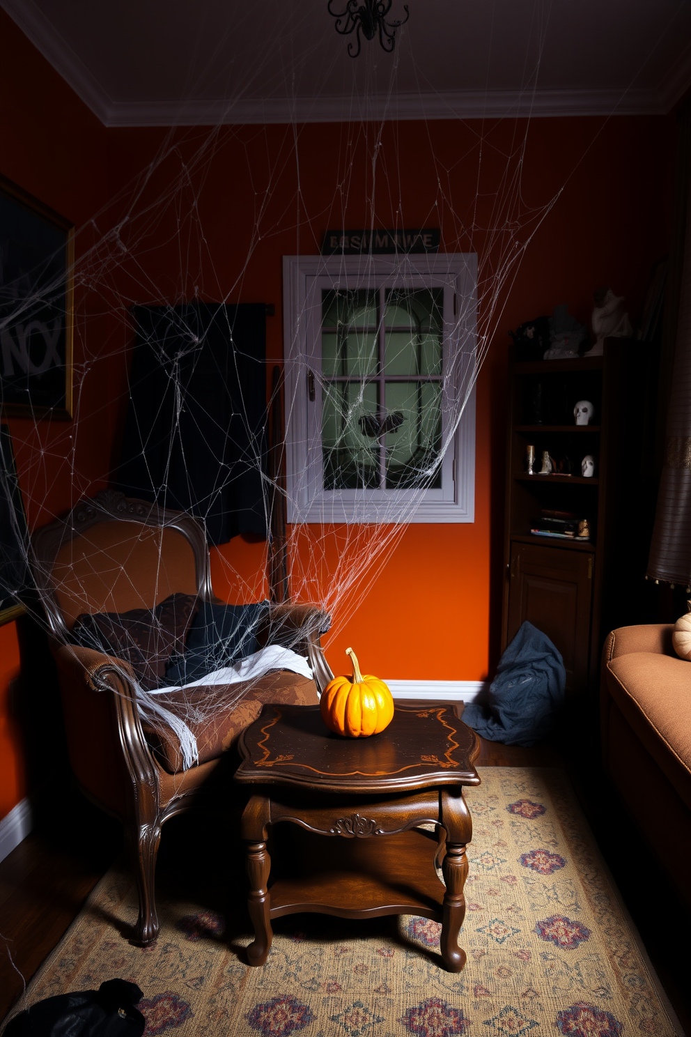 A cozy living room filled with vintage furniture, where delicate spiderwebs are draped over an antique armchair and a wooden coffee table. The dim lighting creates an eerie atmosphere, perfect for Halloween, while a small pumpkin sits on the table as a charming decoration. In the corner, a small bookshelf is adorned with spooky decorations like miniature skulls and candles. The walls are painted in a deep orange hue, enhancing the festive spirit while maintaining a stylish small space aesthetic.