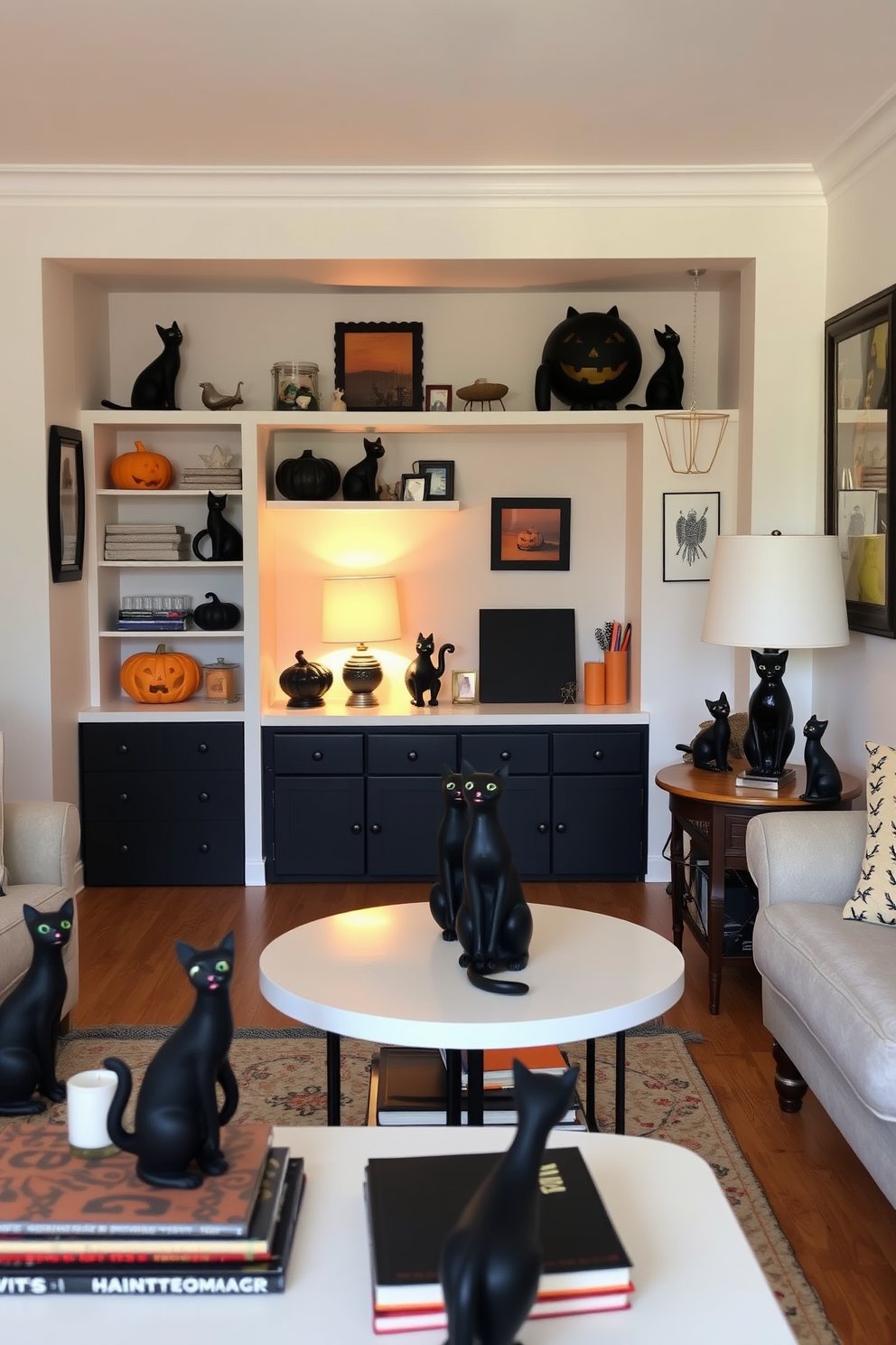 A cozy living room featuring black cat figurines adorning various tabletops. The space is decorated with Halloween-themed accents, creating a festive yet charming atmosphere. In this small space, clever storage solutions are incorporated to maximize functionality. The decor combines playful elements with elegant touches, ensuring a stylish and inviting environment.