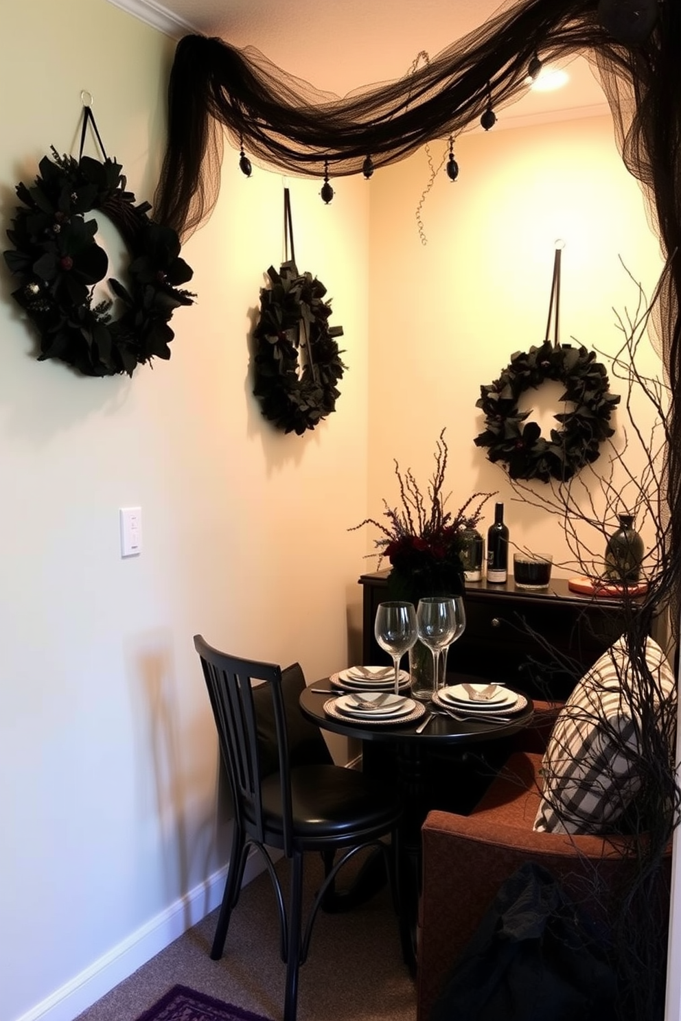 A cozy small living area adorned with wreaths made of dark flowers for a Halloween theme. The wreaths are hung on the walls and draped over furniture, creating an inviting yet spooky atmosphere. A compact dining nook features a small table set for two, with dark floral centerpieces adding a touch of elegance. The space is illuminated by soft lighting, enhancing the festive yet intimate vibe of the Halloween decor.