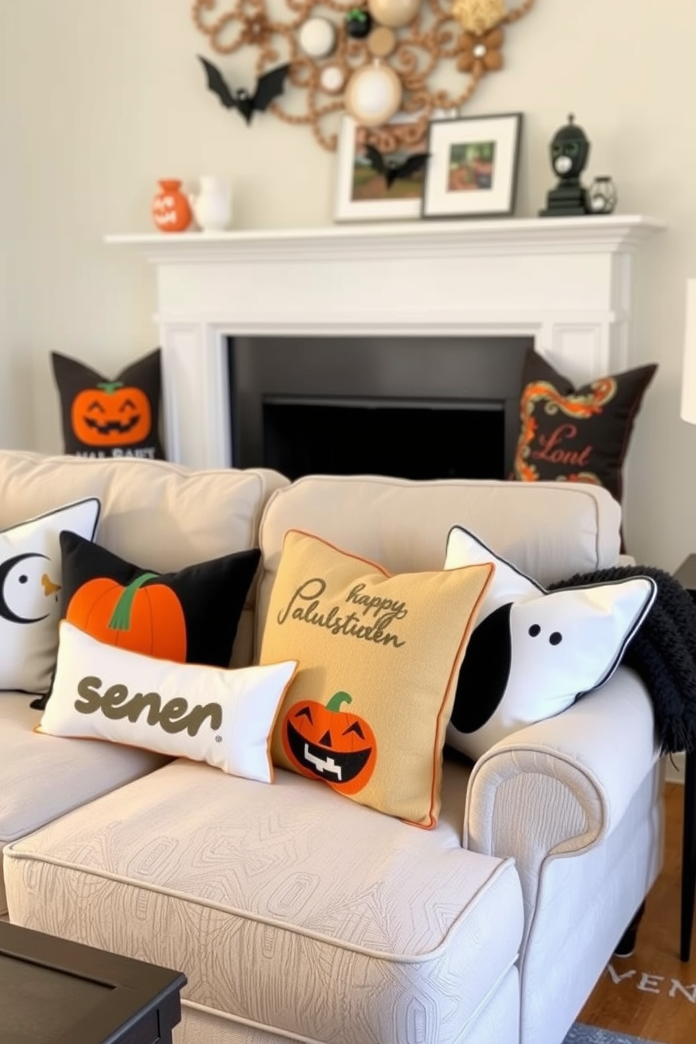 A cozy living room setting adorned with decorative bowls filled with candy corn. The bowls are strategically placed on a rustic coffee table, surrounded by soft throw pillows and a warm, inviting blanket draped over a nearby chair. The walls are painted in a warm beige tone, complemented by autumn-themed artwork. A small pumpkin centerpiece adds a festive touch to the space, enhancing the Halloween atmosphere while keeping the decor stylish and sophisticated.