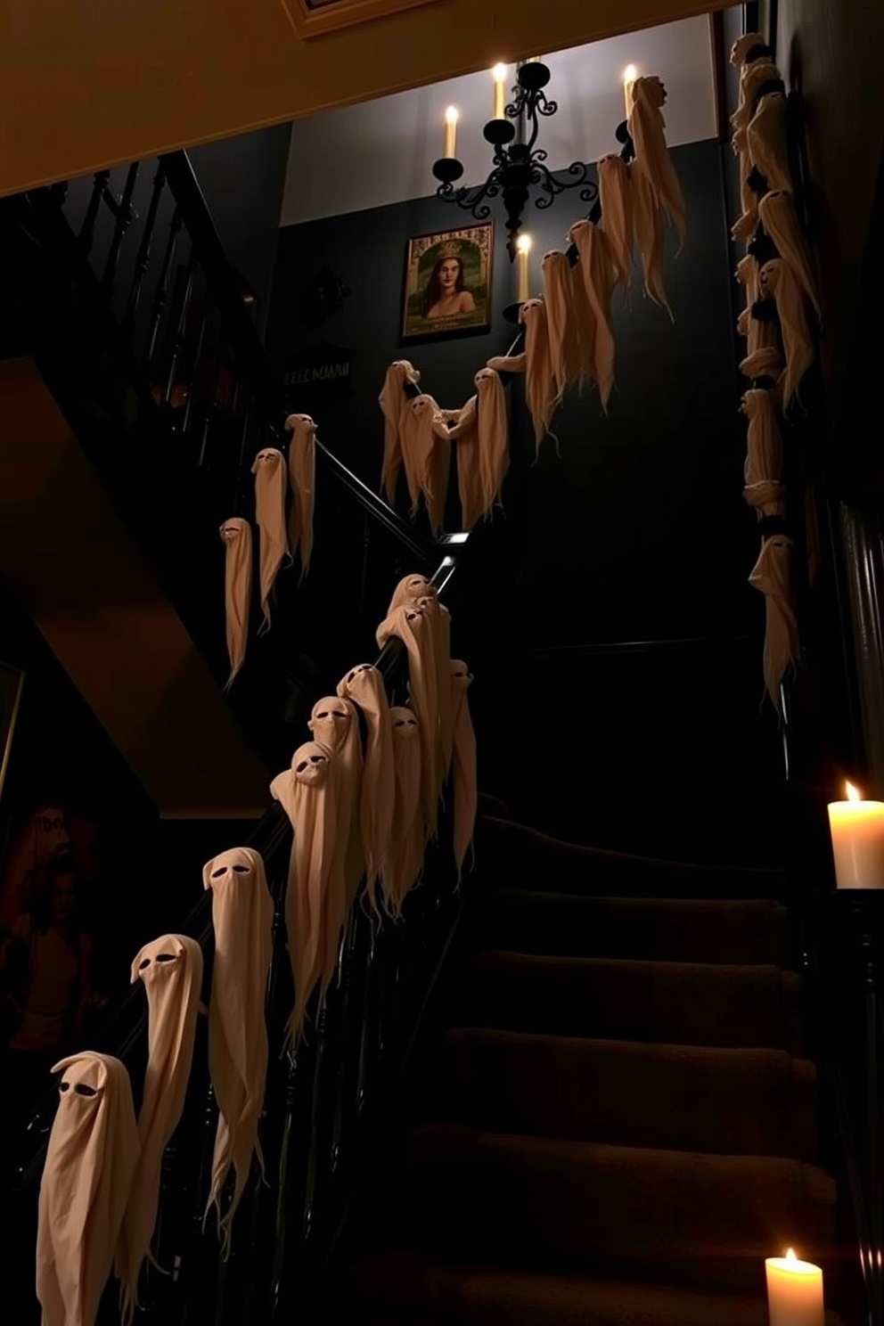 A spooky staircase adorned with ghost garlands that dangle ominously from the banister. The walls are painted in deep black, and flickering candlelight casts eerie shadows, enhancing the haunting atmosphere.