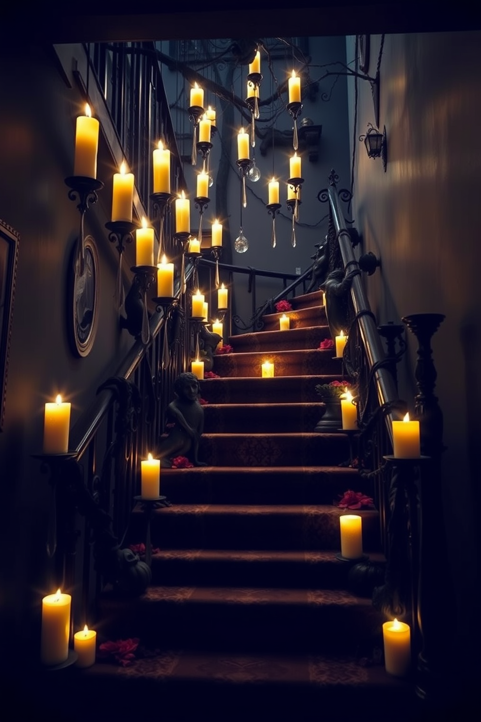 Ghoulish figures peeking from behind steps create an eerie atmosphere for Halloween. The staircase is adorned with cobwebs and flickering LED candles, enhancing the spooky vibe. Dark, moody colors dominate the decor, with accents of orange and purple to evoke the Halloween spirit. Creepy decorations like skeletons and bats are strategically placed to surprise and delight guests.