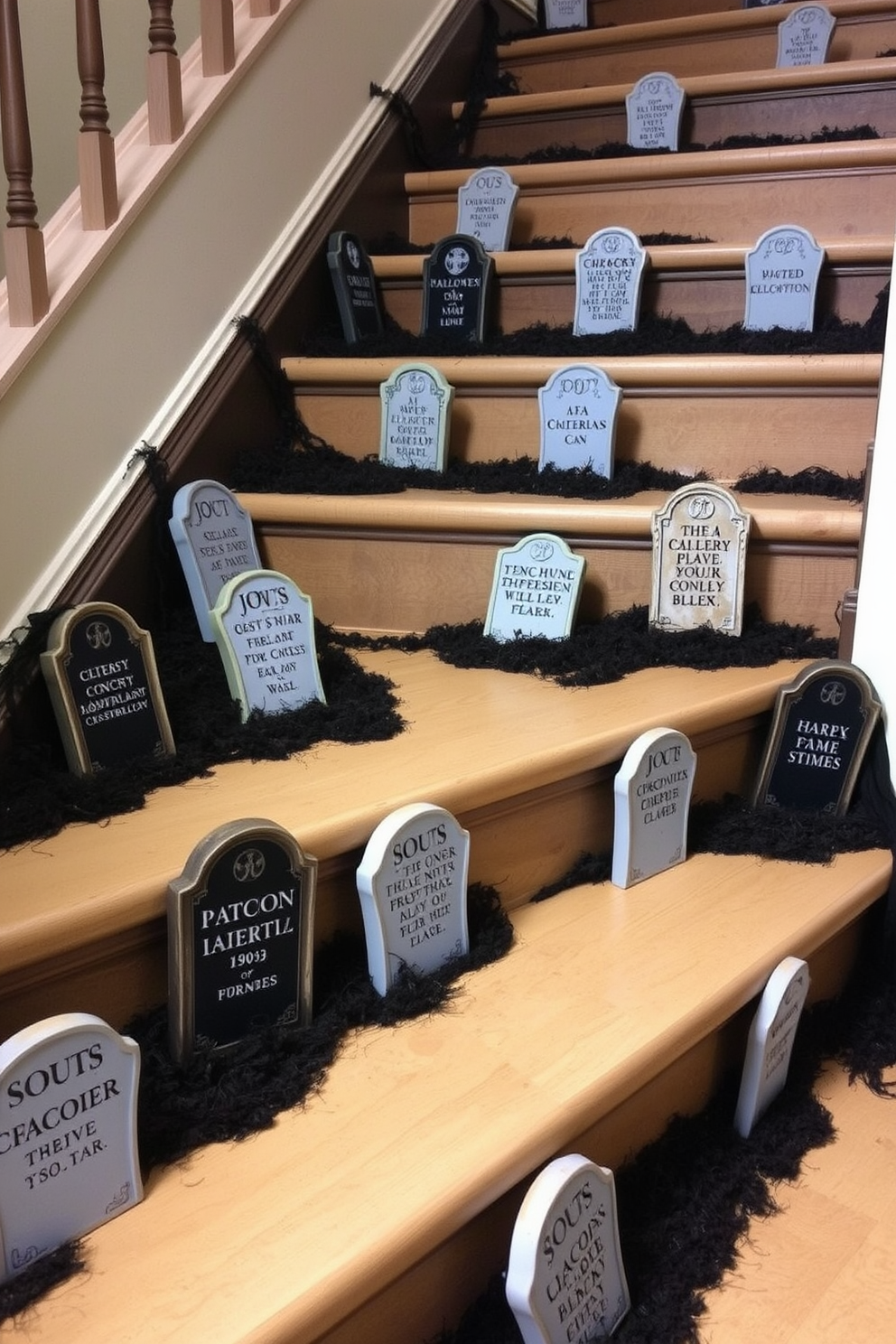 A spooky Halloween staircase is adorned with faux gravestones that create an eerie atmosphere. The gravestones are scattered along the steps, each featuring unique designs and inscriptions, enhancing the festive spirit of the season.