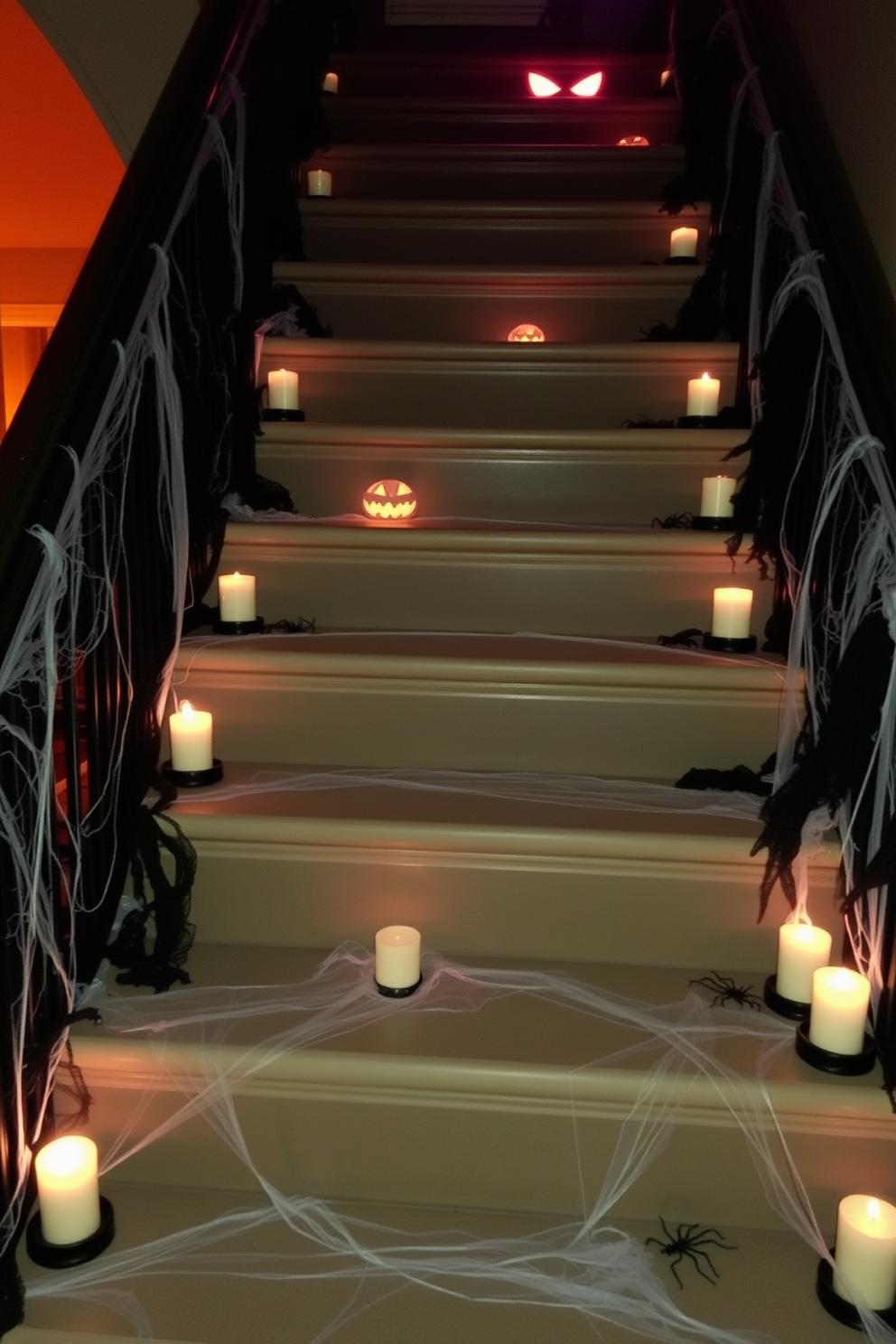 Decorative skulls are artfully arranged on the stair treads, creating a spooky yet stylish atmosphere. The staircase is adorned with black and orange accents, enhancing the Halloween theme while maintaining an elegant aesthetic.