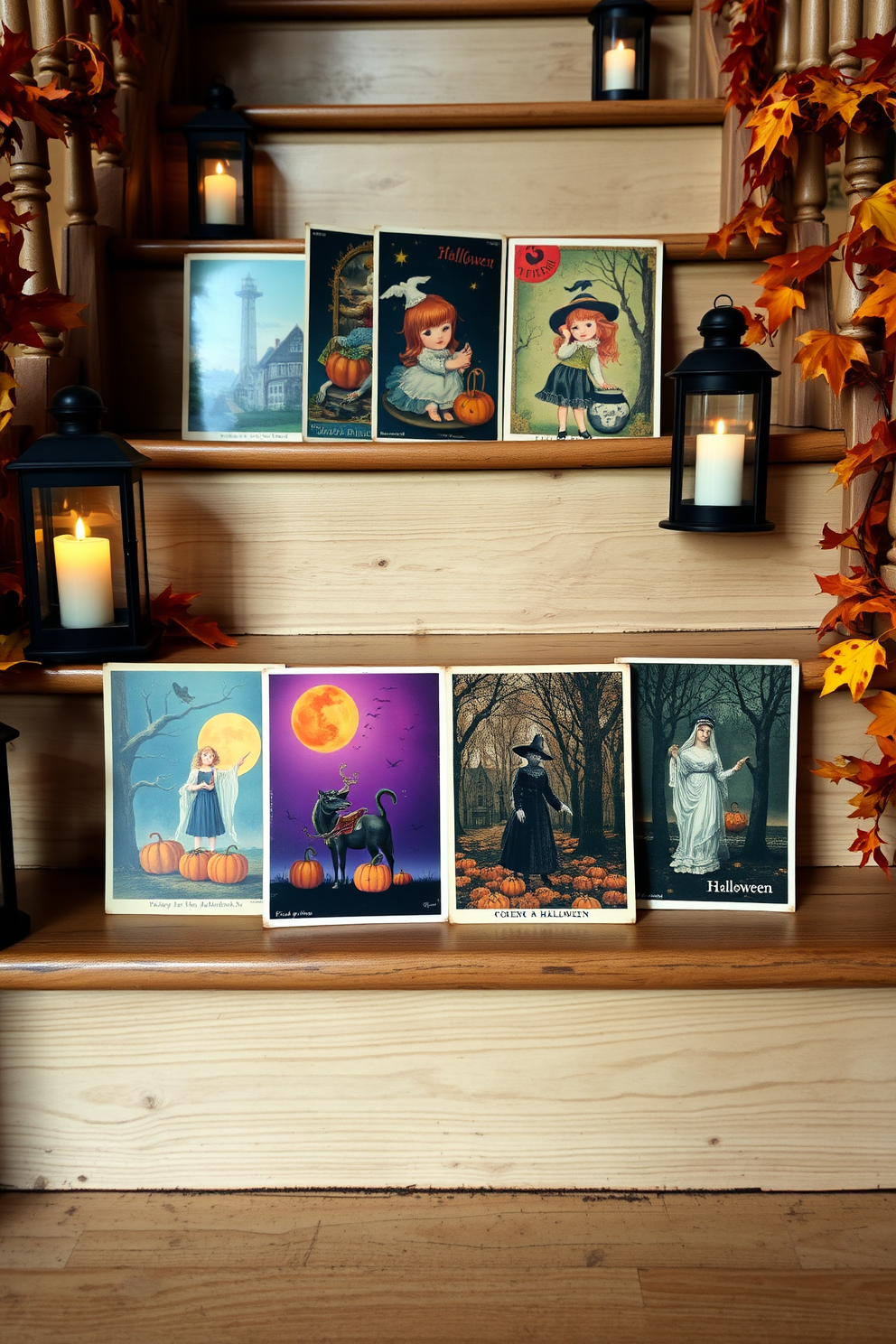 Vintage Halloween postcards are artfully arranged on a set of wooden steps. The staircase is adorned with flickering candle lanterns and strands of autumn leaves, creating a warm and inviting atmosphere.