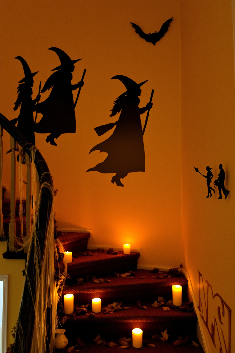 Silhouettes of witches are artfully arranged against the wall, casting eerie shadows that enhance the Halloween ambiance. The staircase is adorned with cascading cobwebs, flickering candles, and scattered autumn leaves, creating a whimsical yet spooky atmosphere.