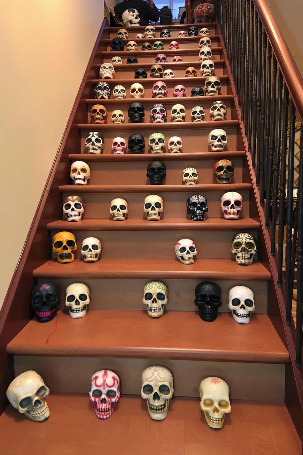 A whimsical staircase adorned with decorative skulls on each step. The skulls vary in size and design, creating an eclectic yet festive atmosphere for Halloween.