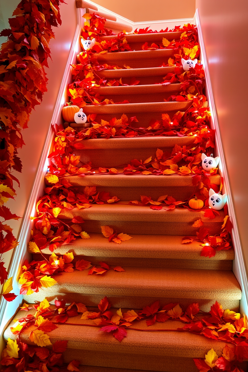 Adorable trick-or-treat buckets are placed on each step of the staircase, filled with colorful candies and spooky decorations. The staircase is adorned with playful Halloween-themed garlands and twinkling string lights, creating a festive atmosphere.