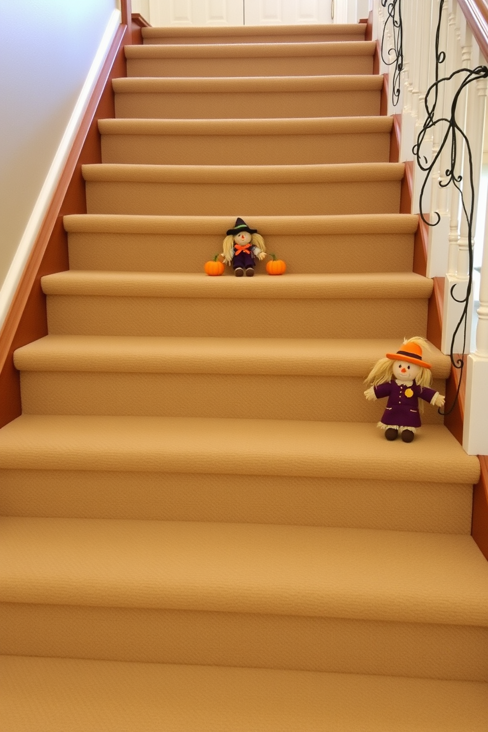 Miniature scarecrows are placed on each landing of the staircase, creating a whimsical Halloween atmosphere. The scarecrows are adorned with colorful outfits and tiny hats, adding charm and festivity to the decor.