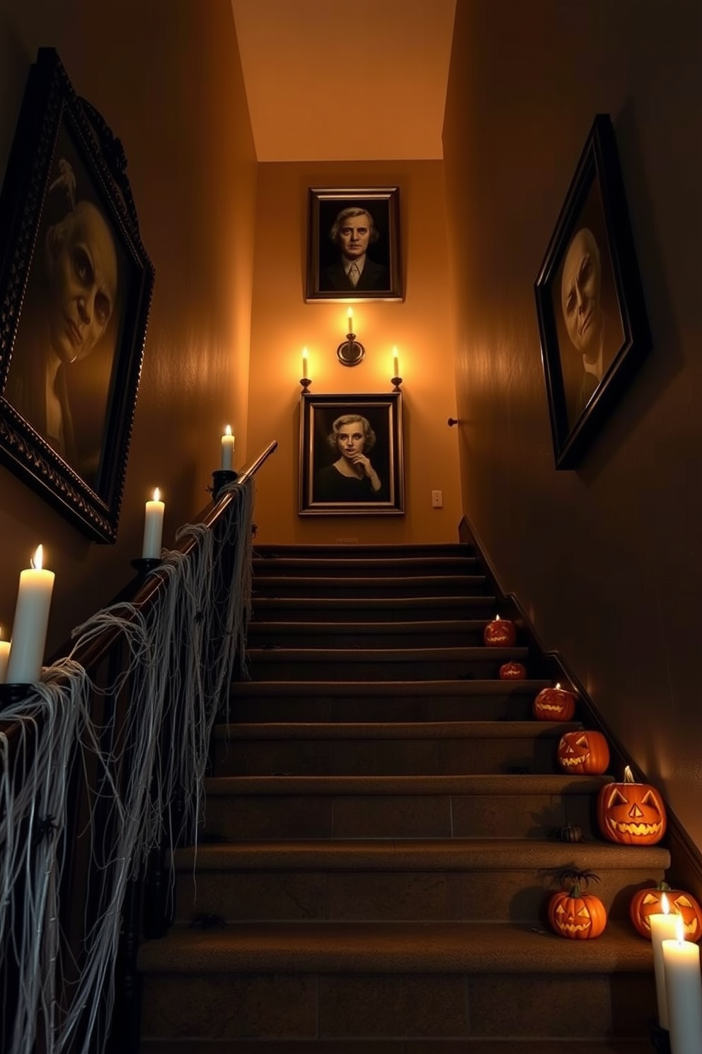 Creepy portraits adorn the walls of a dimly lit staircase, their eyes seemingly following you as you ascend. Flickering candles cast eerie shadows, enhancing the unsettling atmosphere of the Halloween-themed decor. The staircase railing is wrapped in faux cobwebs, with small plastic spiders strategically placed for a frightful touch. Pumpkins with sinister grins are scattered along the steps, adding a playful yet spooky element to the overall design.