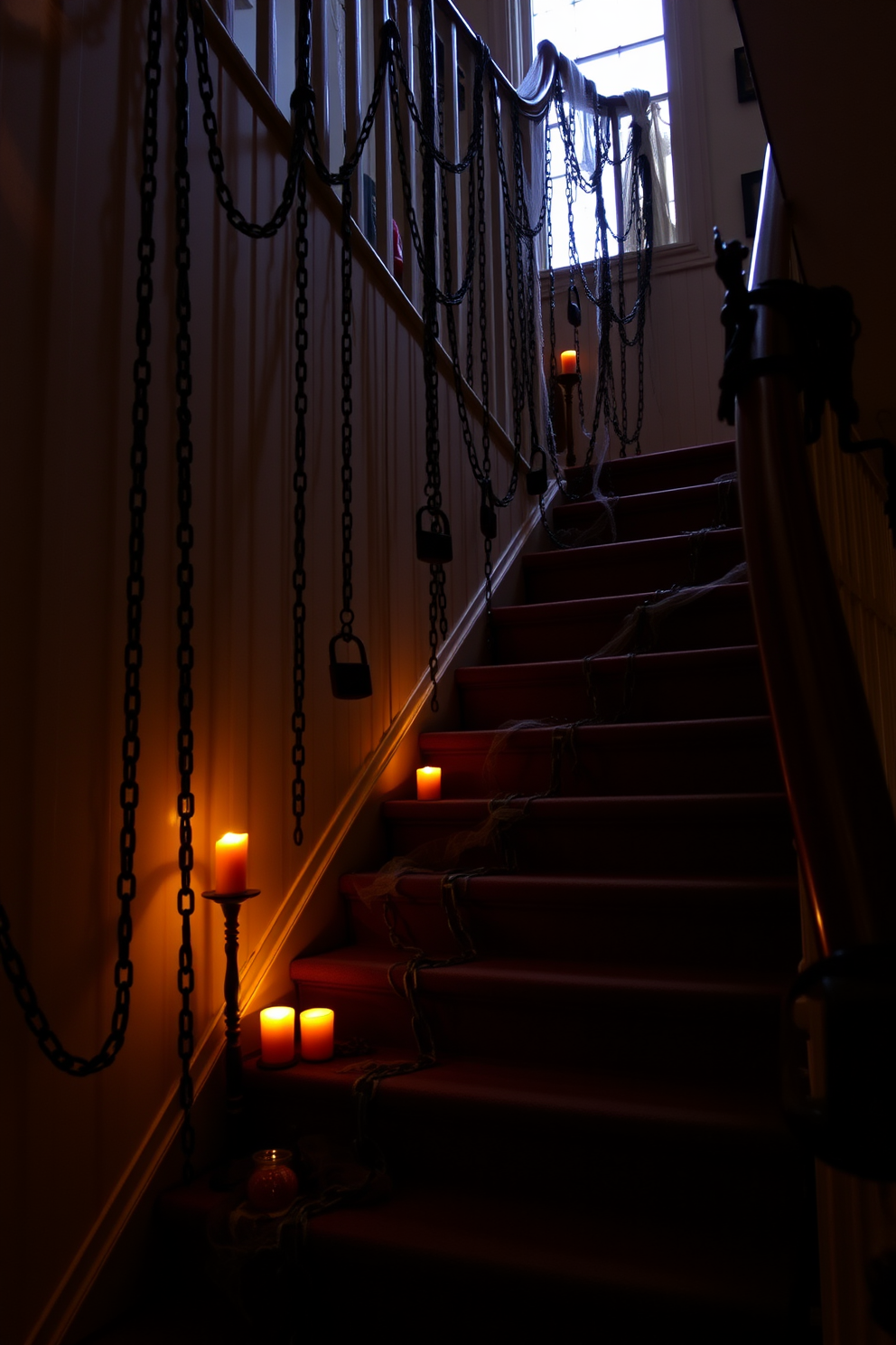 A dramatic staircase adorned with hanging chains and shackles creates an eerie atmosphere perfect for Halloween. The chains dangle from the bannister, while the shackles are strategically placed to enhance the spooky theme. Dim lighting casts shadows on the staircase, adding to the haunting effect. Black and orange accents, like pumpkins and cobwebs, complement the chains and shackles for a festive touch.