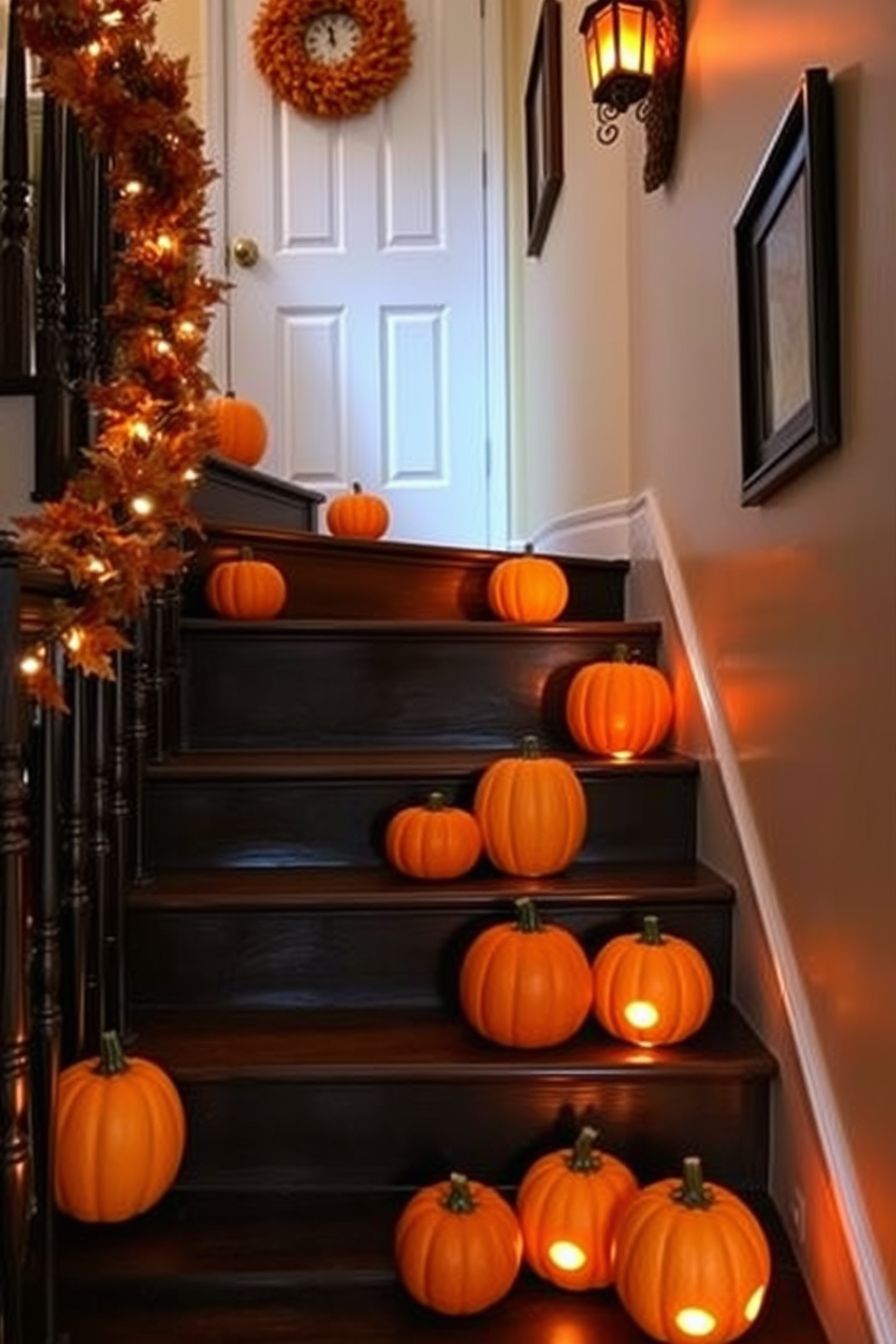 A charming staircase adorned with pumpkin lanterns that create a warm glow as they line each step. The rich autumn colors of the pumpkins contrast beautifully with the dark wood of the staircase, enhancing the festive Halloween atmosphere.