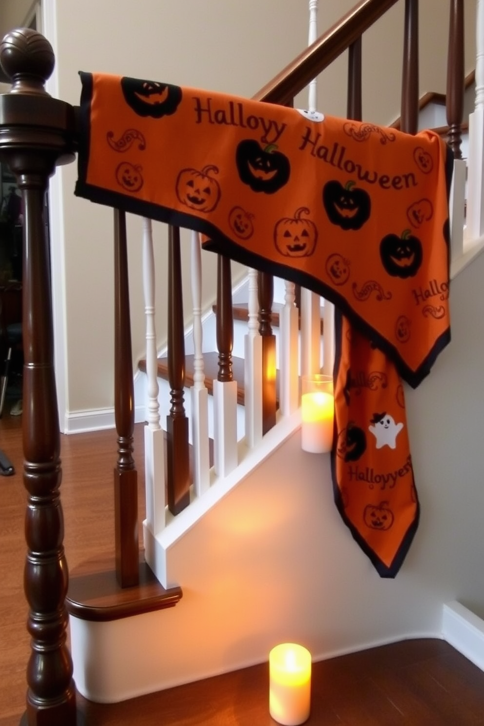 A Halloween-themed tablecloth drapes elegantly over the stair railing, featuring vibrant orange and black colors with playful pumpkin and ghost patterns. Flickering LED candles are placed along the staircase, casting a warm glow and enhancing the festive atmosphere.