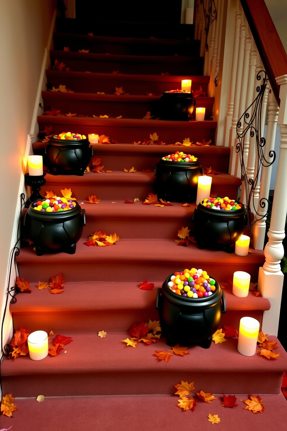 A whimsical Halloween staircase adorned with decorative cauldrons filled with colorful candy. The cauldrons are arranged on each step, surrounded by autumn leaves and flickering candles for a magical ambiance.