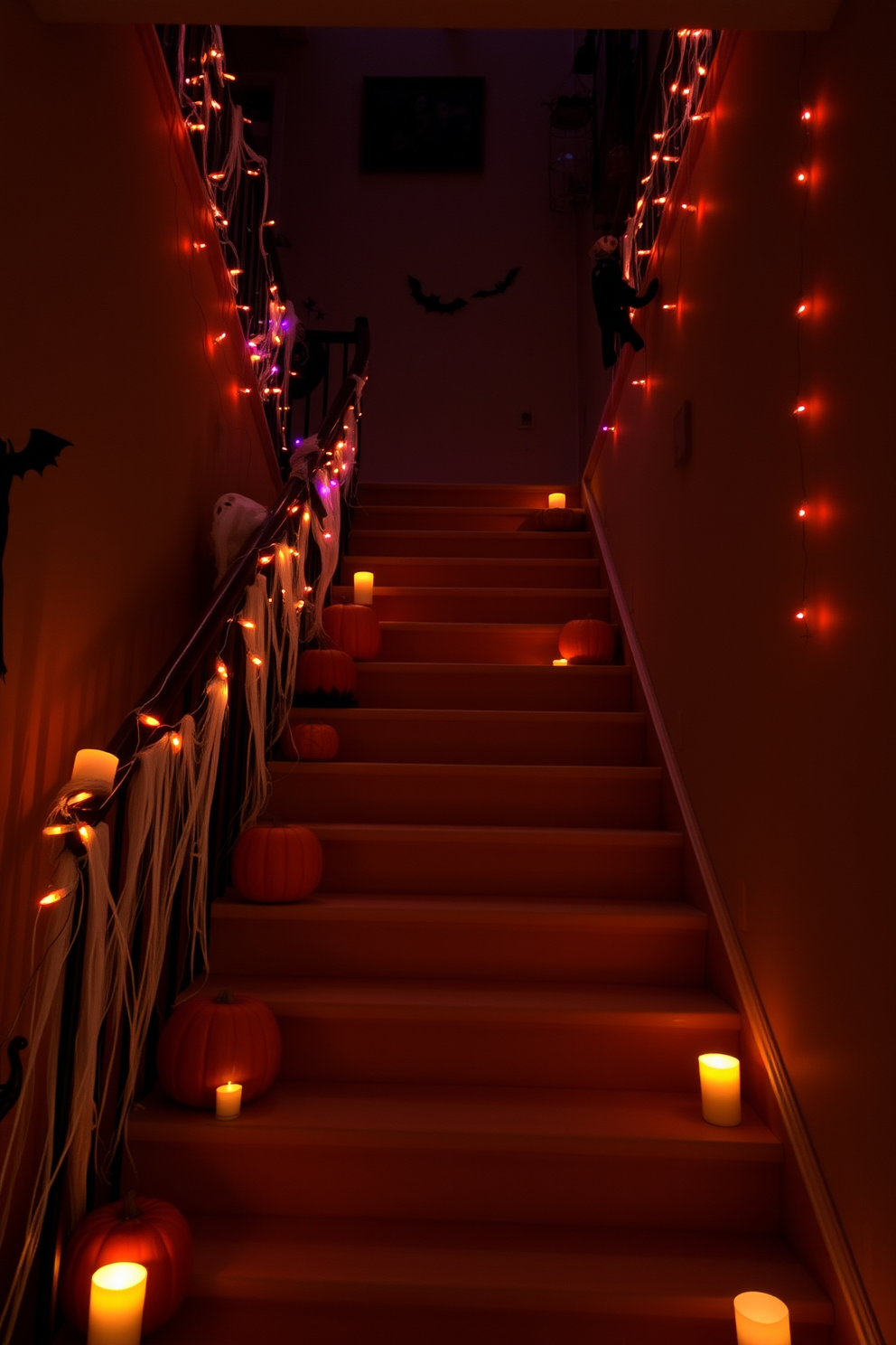 A hauntingly decorated staircase leads up to the second floor, adorned with cobwebs and flickering candle lights. Pumpkins of various sizes are strategically placed along the steps, with eerie silhouettes casting shadows on the walls. Ghostly figures and bats hang from the railing, creating a spine-chilling atmosphere. String lights in orange and purple wrap around the banister, illuminating the way with a spooky glow.