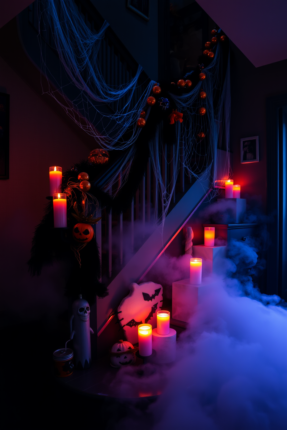 A spooky Halloween staircase is adorned with eerie decorations. At the base, a mysterious fog machine emits a thick mist, creating an atmospheric effect that sets the tone for the holiday. Giant spider webs stretch across the railing, while flickering LED candles line the steps. Dark, moody colors dominate the decor, with hints of orange and purple to enhance the festive spirit.