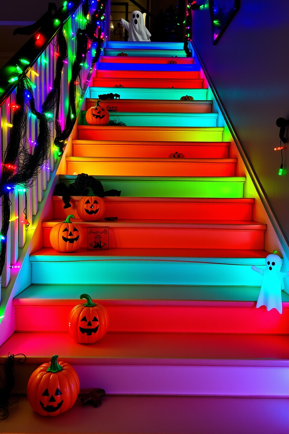 Mason jars filled with colorful candy are arranged on the steps of a beautifully decorated staircase. The staircase is adorned with autumn leaves and spooky decorations, creating a festive Halloween atmosphere.