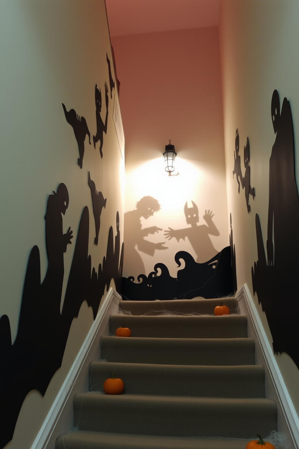 A whimsical Halloween staircase adorned with decorative elements. Black cats are perched on the stair landings, surrounded by an array of pumpkins and spooky garlands.