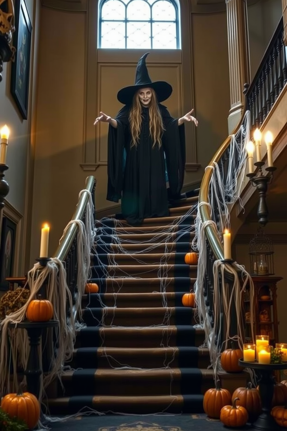 Life-size witch figure perched ominously at the top of a grand staircase. The staircase is adorned with cobwebs, flickering candles, and pumpkins, creating a spooky yet enchanting Halloween atmosphere.