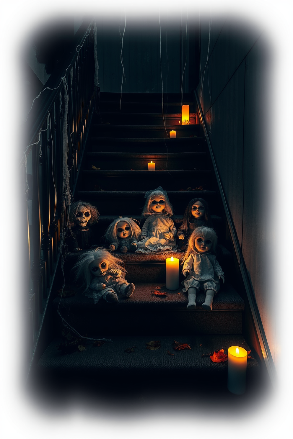 Creepy dolls are arranged on the steps of a dimly lit staircase, their haunting expressions illuminated by flickering candlelight. Cobwebs drape from the banister, and scattered autumn leaves enhance the eerie atmosphere, creating a chilling yet captivating Halloween display.