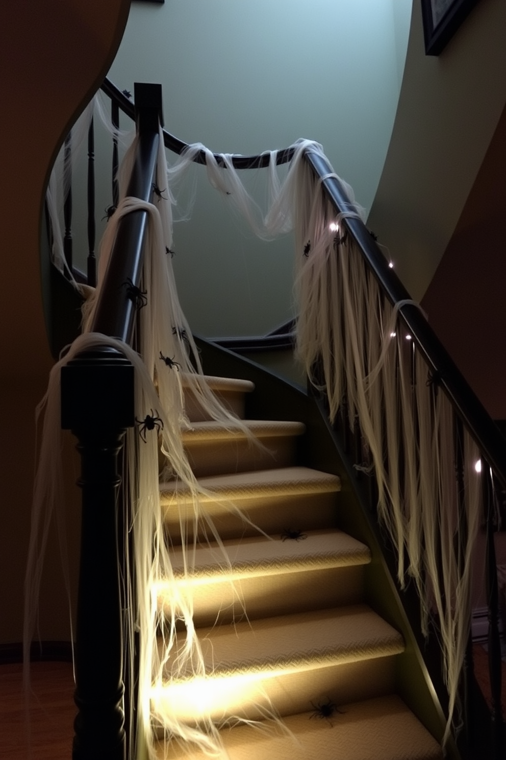 Hanging ghost decorations sway gently from the elegant wooden railing of a grand staircase. The staircase is adorned with soft, dim lighting that highlights the spooky yet whimsical atmosphere of Halloween.