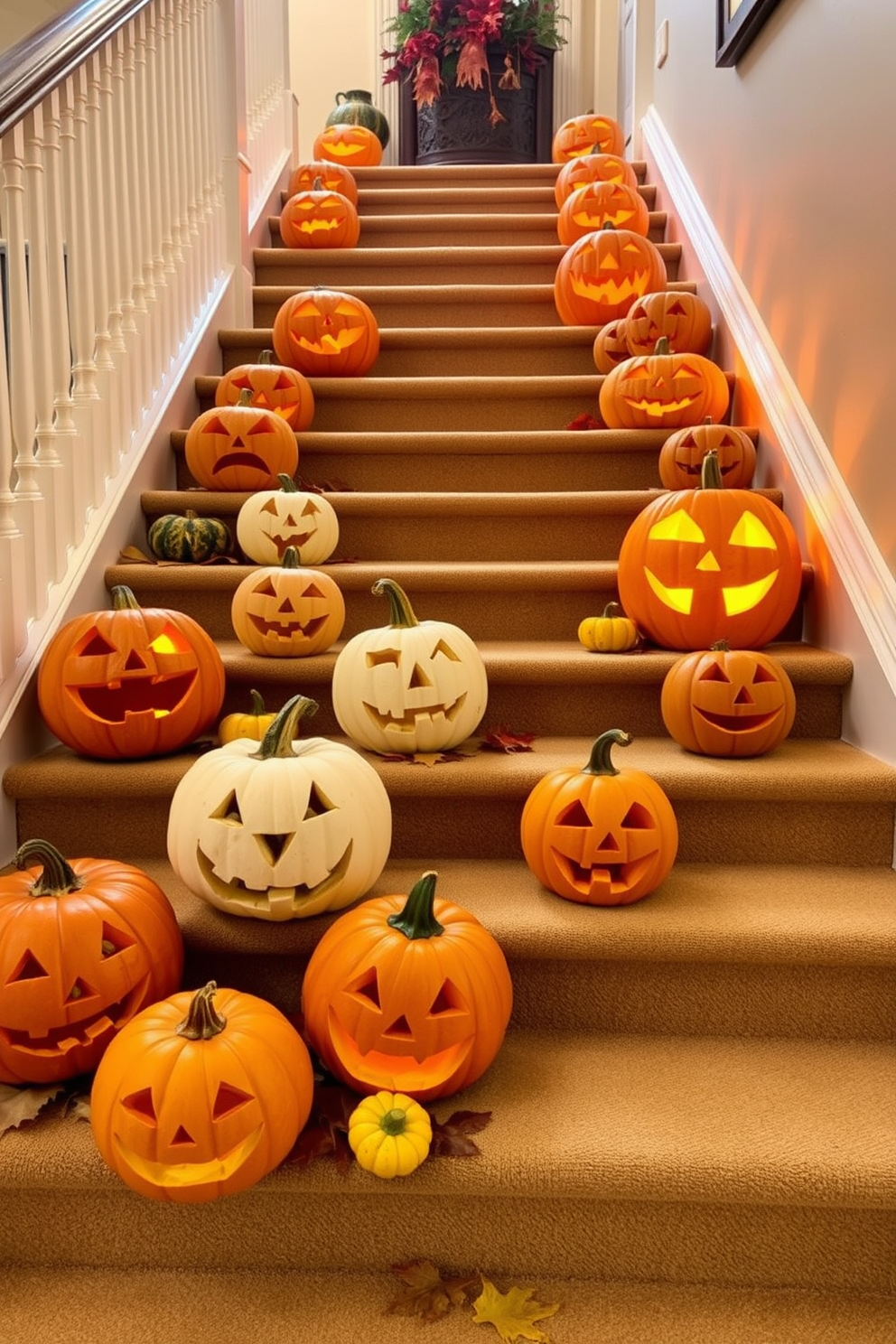 Decorative pumpkins with carved faces are arranged on the steps of a grand staircase. The pumpkins vary in size and design, showcasing intricate carvings that bring a festive spirit to the space. Soft, warm lighting illuminates the staircase, highlighting the textures of the pumpkins. Autumn leaves and small gourds are scattered around the base of the pumpkins, enhancing the seasonal decor.