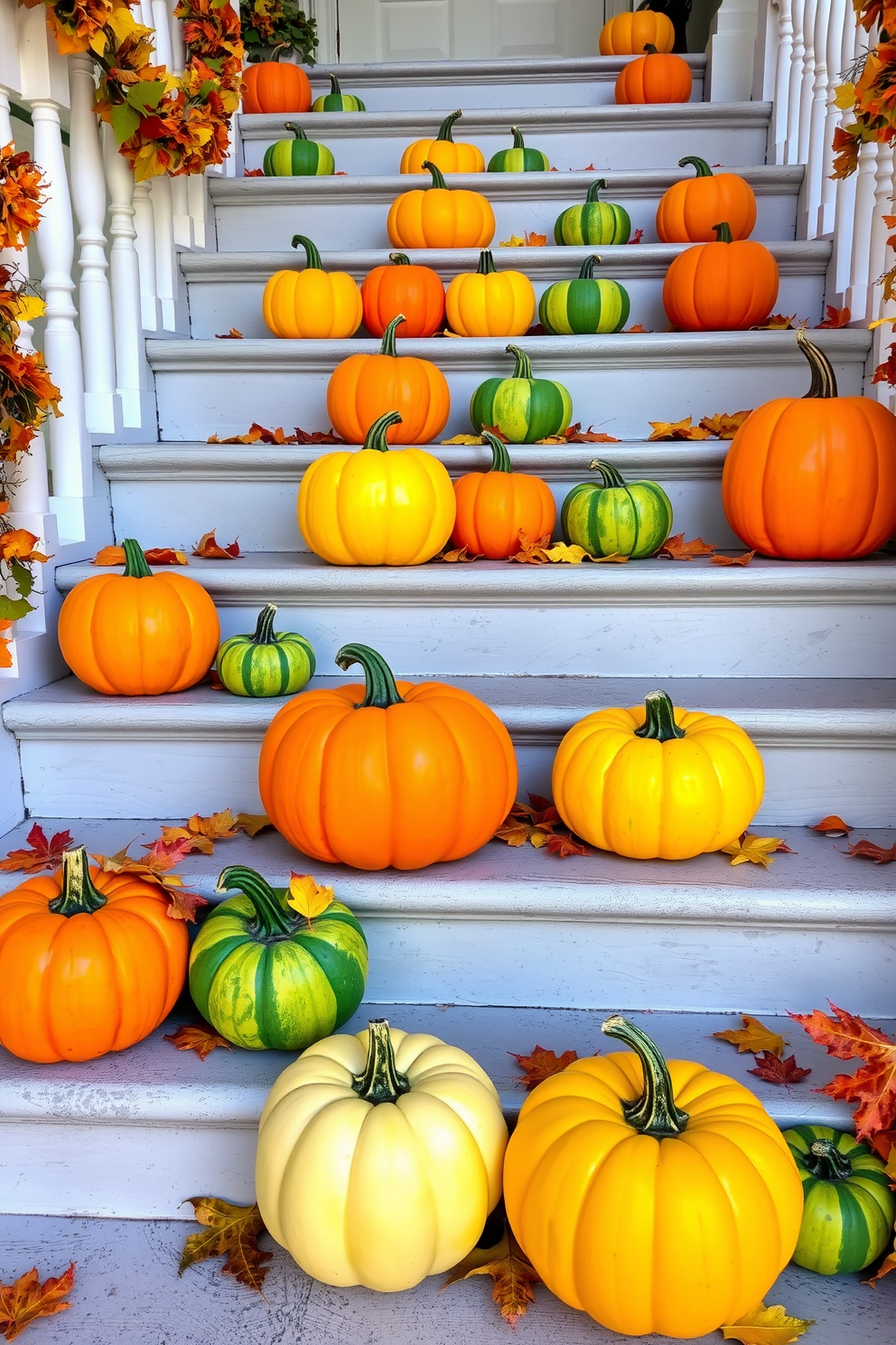 Colorful painted pumpkins are arranged on each step of a beautifully decorated staircase. The vibrant hues of orange, yellow, and green create a festive atmosphere, complemented by autumn leaves scattered around the pumpkins.