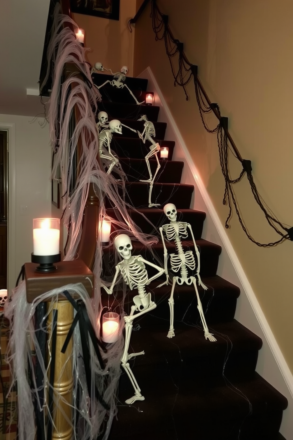 A spooky Halloween staircase adorned with faux skeletons climbing the steps. The staircase is draped in cobwebs, with flickering candles placed on the banister for an eerie ambiance.