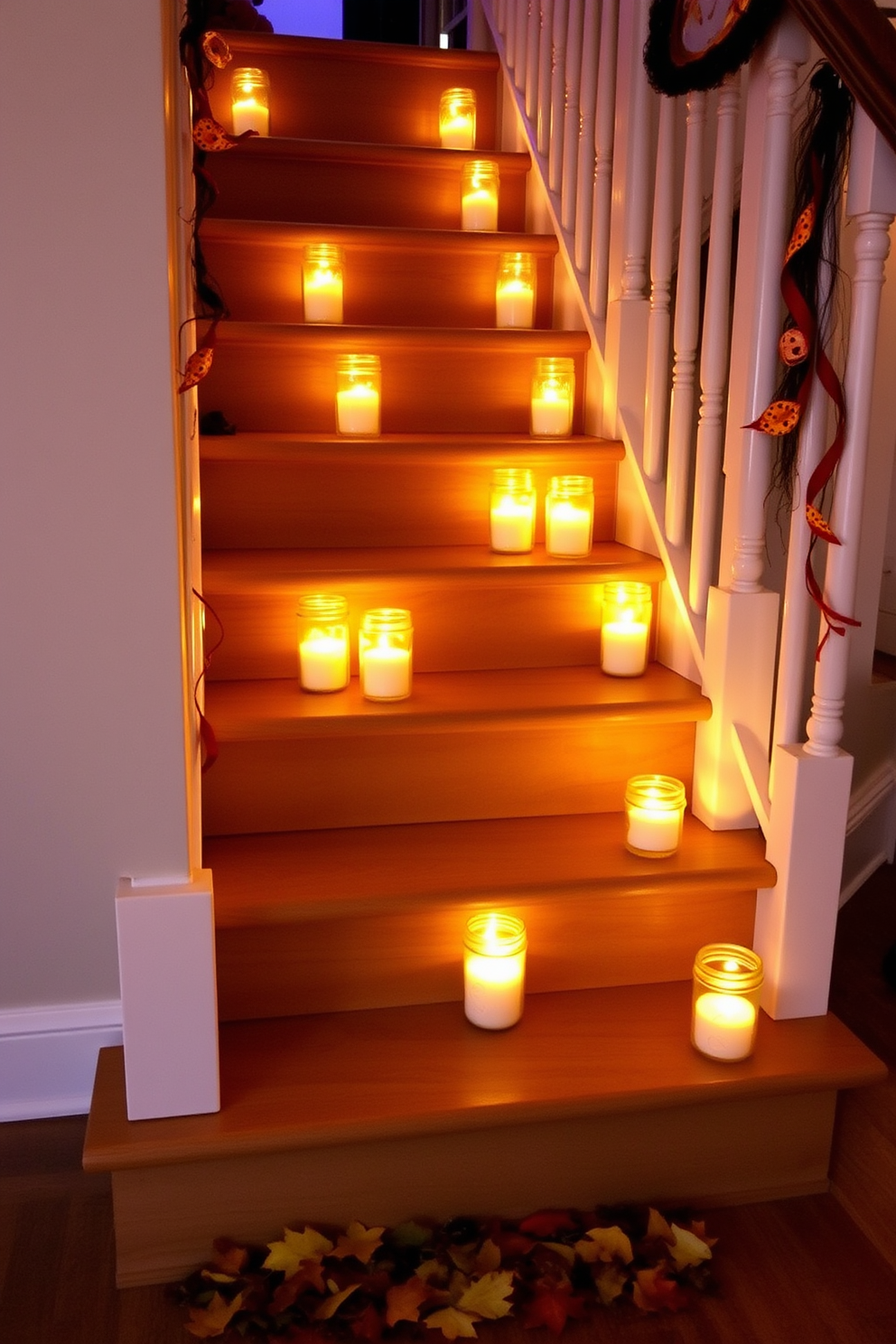 A staircase adorned for Halloween features steps lined with mason jars filled with flickering candles. The warm glow from the candles creates an inviting yet spooky atmosphere, enhanced by autumn leaves scattered around the base of the stairs.