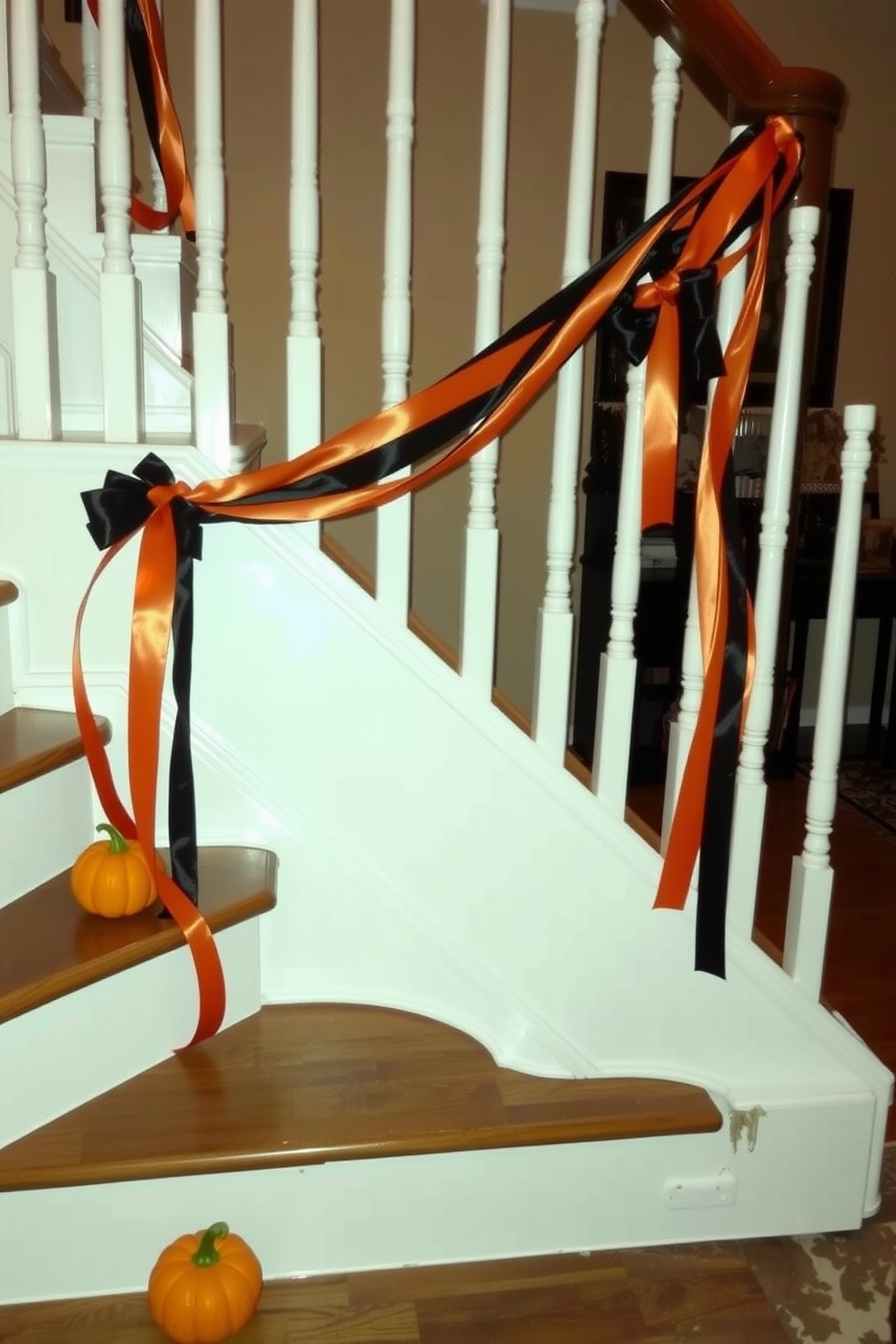 A staircase adorned with black and orange ribbons elegantly wrapped around the rails creates a festive Halloween atmosphere. The ribbons cascade down the sides, complemented by small decorative pumpkins placed at each step for an added seasonal touch.