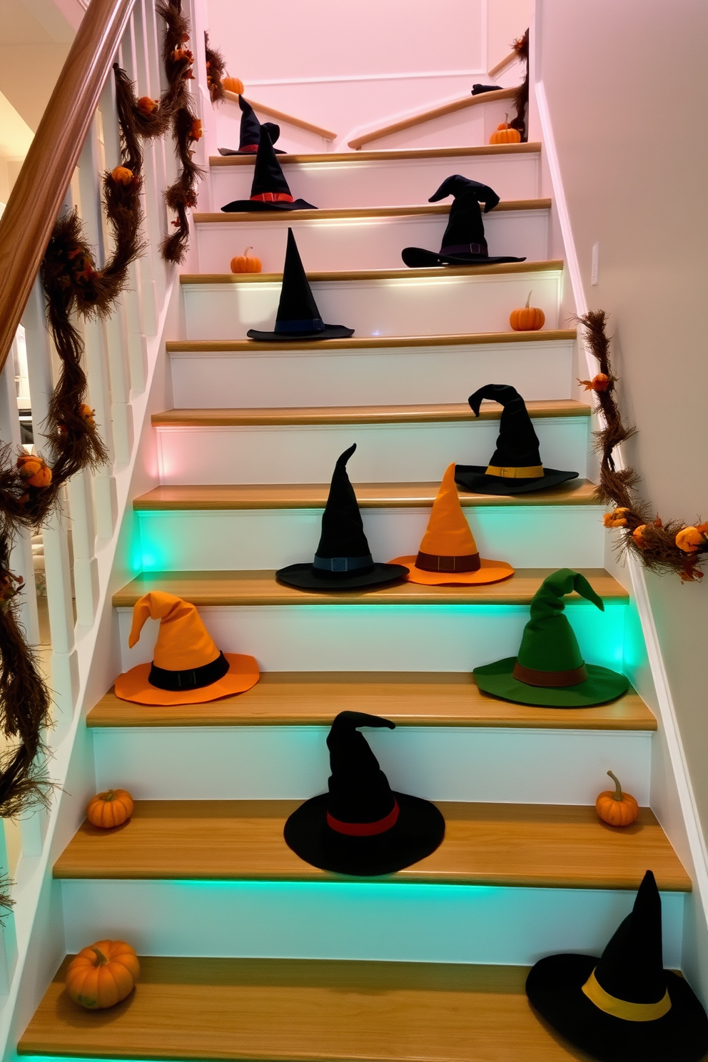 A whimsical staircase adorned with witch hats on each stair tread creates a festive Halloween atmosphere. The hats are varied in style and color, adding a playful touch to the overall decor. Soft, ambient lighting illuminates the staircase, highlighting the hats and enhancing the spooky vibe. Surrounding the staircase, subtle autumn-themed decorations such as small pumpkins and garlands complement the witch hats beautifully.