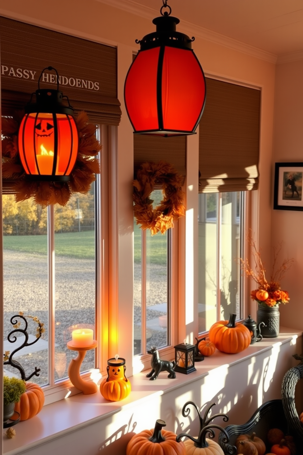 A cozy sunroom adorned with spooky string lights draped around the windows, casting an eerie glow throughout the space. The walls are painted in a deep orange hue, complemented by Halloween-themed decorations like miniature pumpkins and ghostly garlands.