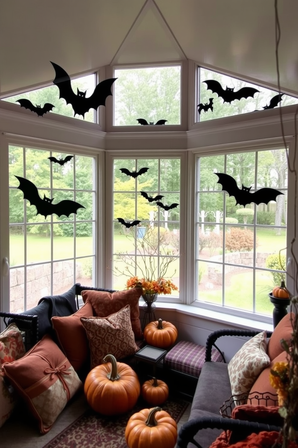 A cozy sunroom decorated for Halloween features large windows with silhouettes of bats perched on the panes. The room is adorned with autumn-themed decor, including pumpkins and warm-toned cushions, creating an inviting atmosphere for the spooky season.