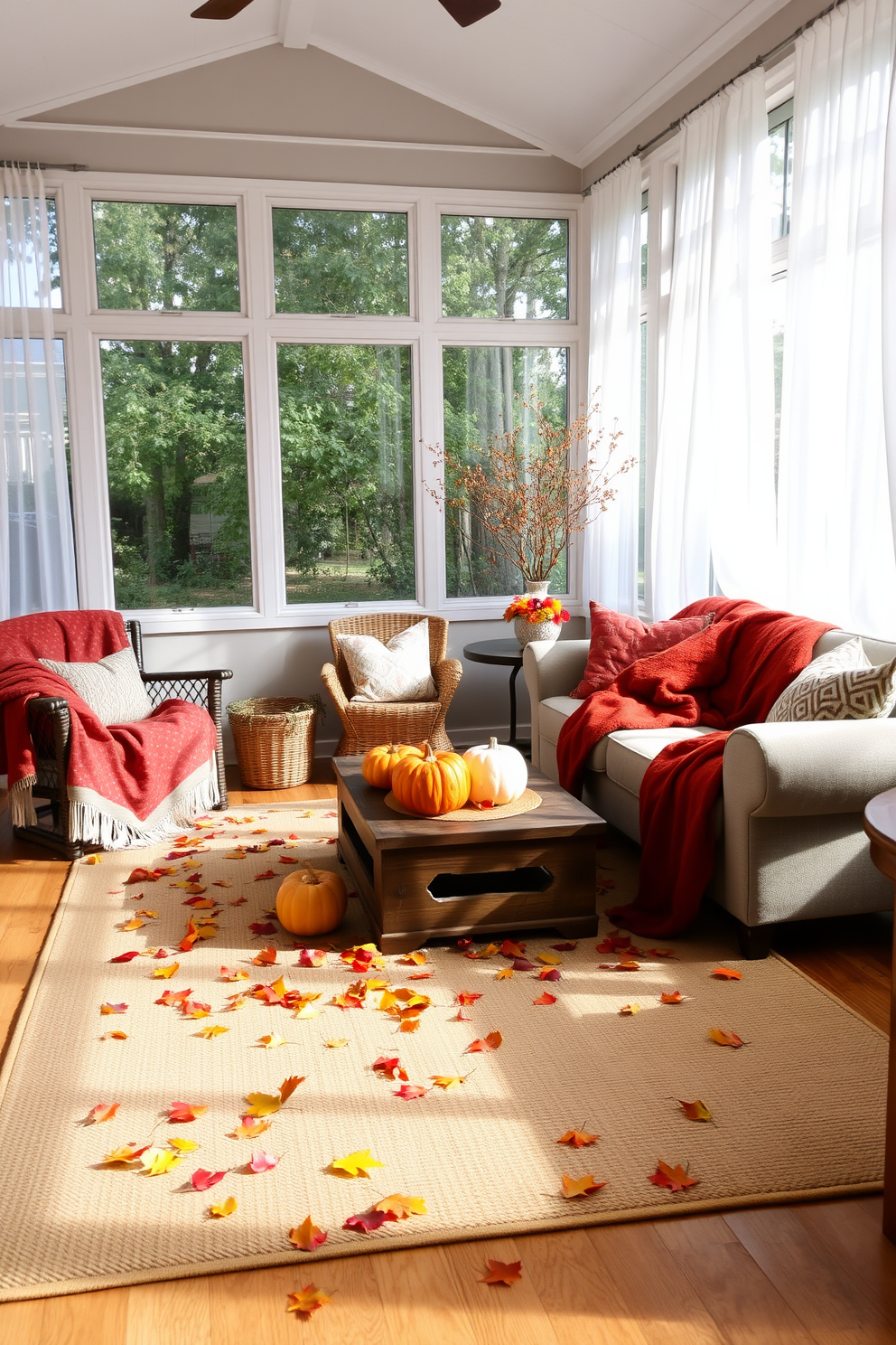 A cozy sunroom filled with natural light features large windows adorned with sheer curtains. The floor is covered in a warm, neutral rug, with autumn leaves scattered playfully across it, creating a seasonal ambiance. Decorative pumpkins in varying sizes are arranged on a rustic wooden coffee table. Soft throw blankets in rich autumn colors are draped over the seating, inviting relaxation and festive cheer.