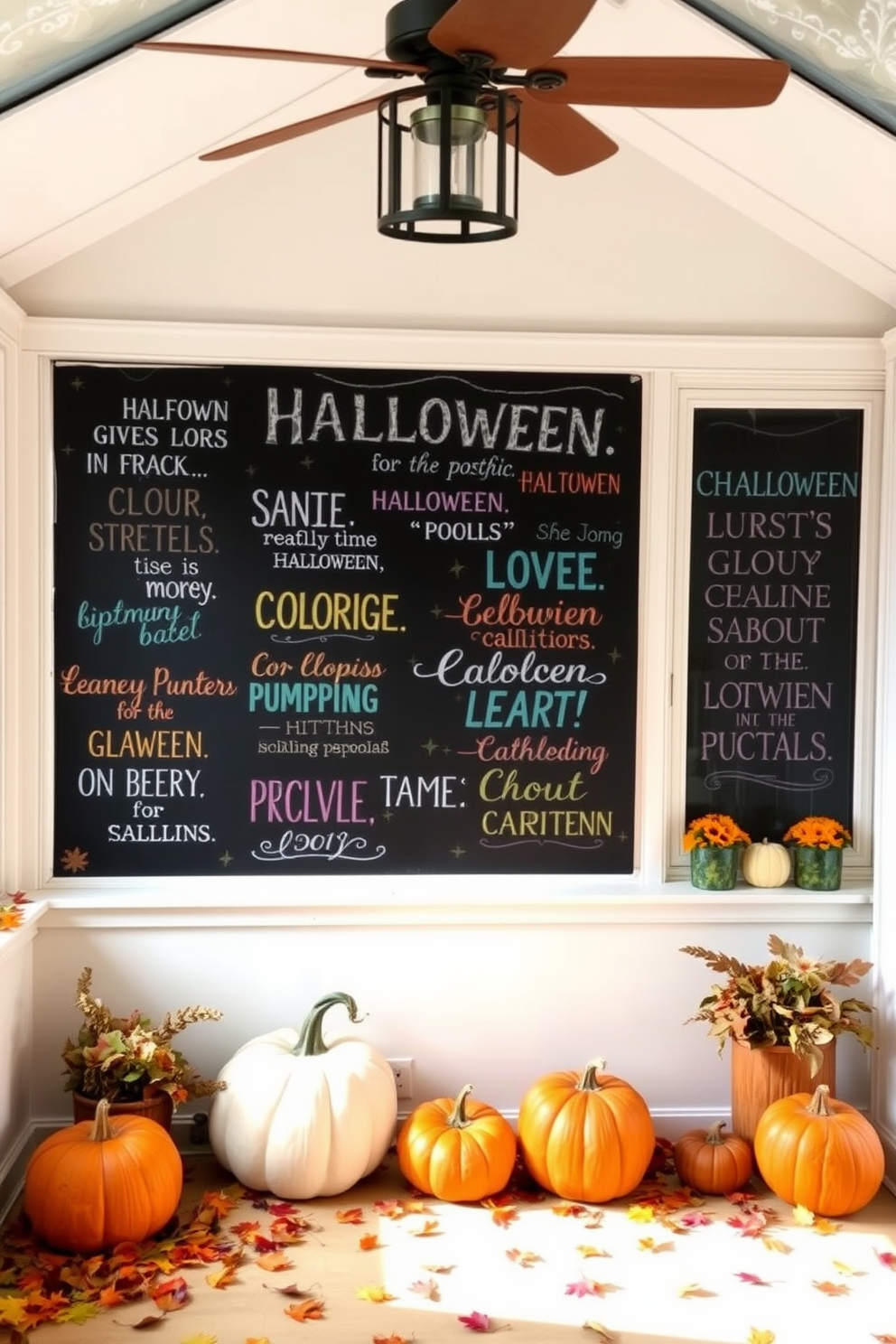 A cozy sunroom adorned with a large chalkboard showcasing various Halloween quotes in colorful chalk. Surrounding the chalkboard, there are pumpkins of different sizes and shapes, along with autumn leaves scattered across the windowsills.