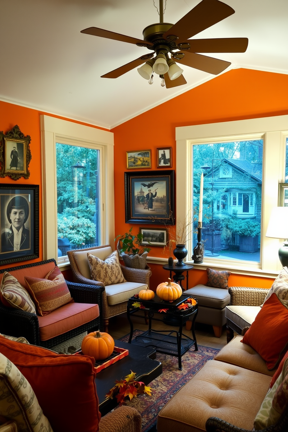 A cozy sunroom adorned with vintage Halloween postcards in ornate frames. The walls are painted in a warm orange hue, and a mix of comfortable seating options invites relaxation. Decorative elements include small pumpkins and autumn leaves scattered on the coffee table. Soft, ambient lighting creates an inviting atmosphere, perfect for enjoying the seasonal decor.