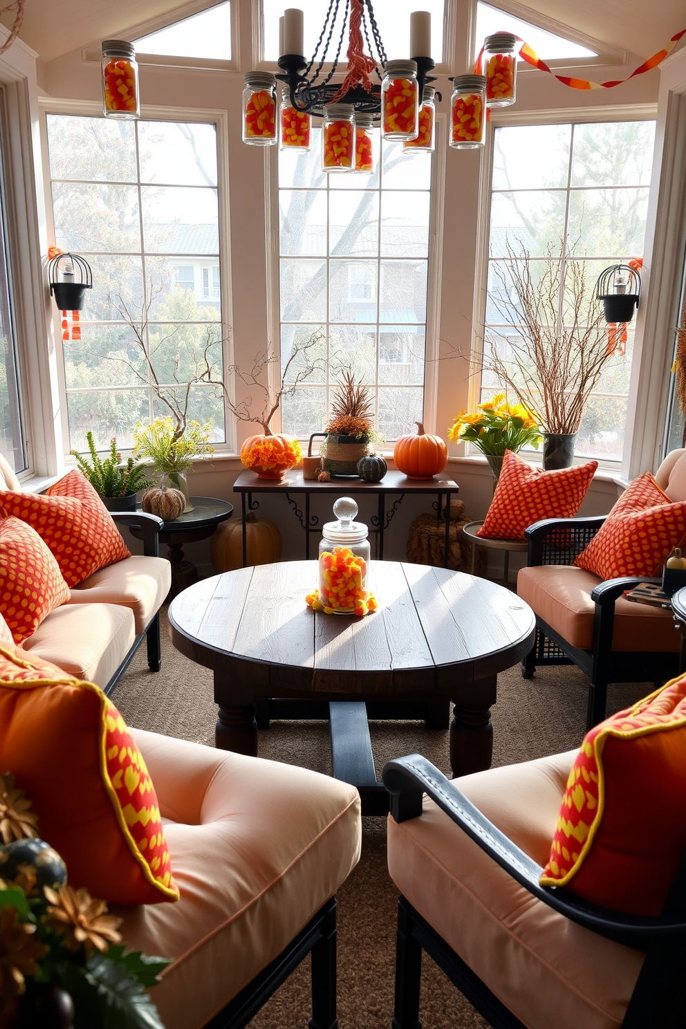 A cozy sunroom adorned with mason jars filled with vibrant candy corn creates a festive atmosphere. Soft, natural light filters through large windows, illuminating the cheerful colors and inviting a sense of warmth. Plush seating arrangements with throw pillows in autumn hues complement the decor. A rustic wooden table sits in the center, surrounded by seasonal decorations that enhance the Halloween spirit.