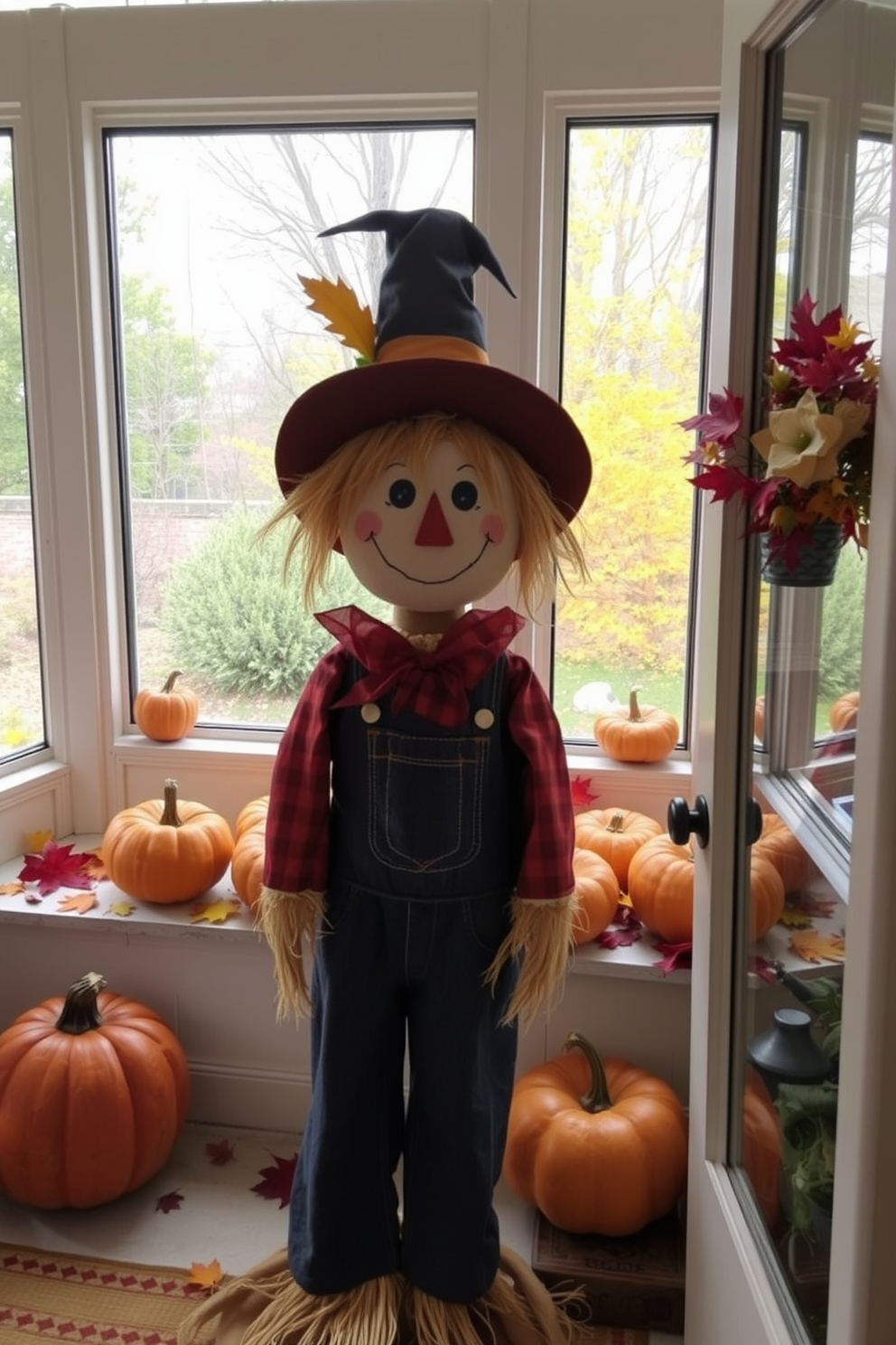 A whimsical scarecrow figure stands near the entrance of a sunroom, welcoming guests with a friendly smile. The sunroom is adorned with autumn-themed decorations, including vibrant pumpkins and colorful fall leaves scattered across the window sills.