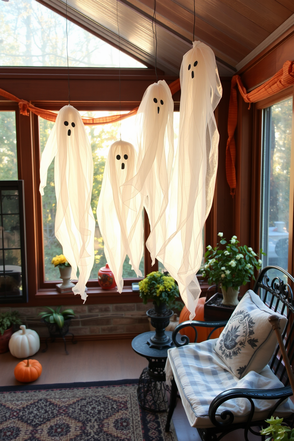 A whimsical sunroom decorated for Halloween features hanging ghosts made from ethereal cheesecloth. The ghosts sway gently in the breeze, creating a playful and spooky atmosphere while soft autumn light filters through the windows.