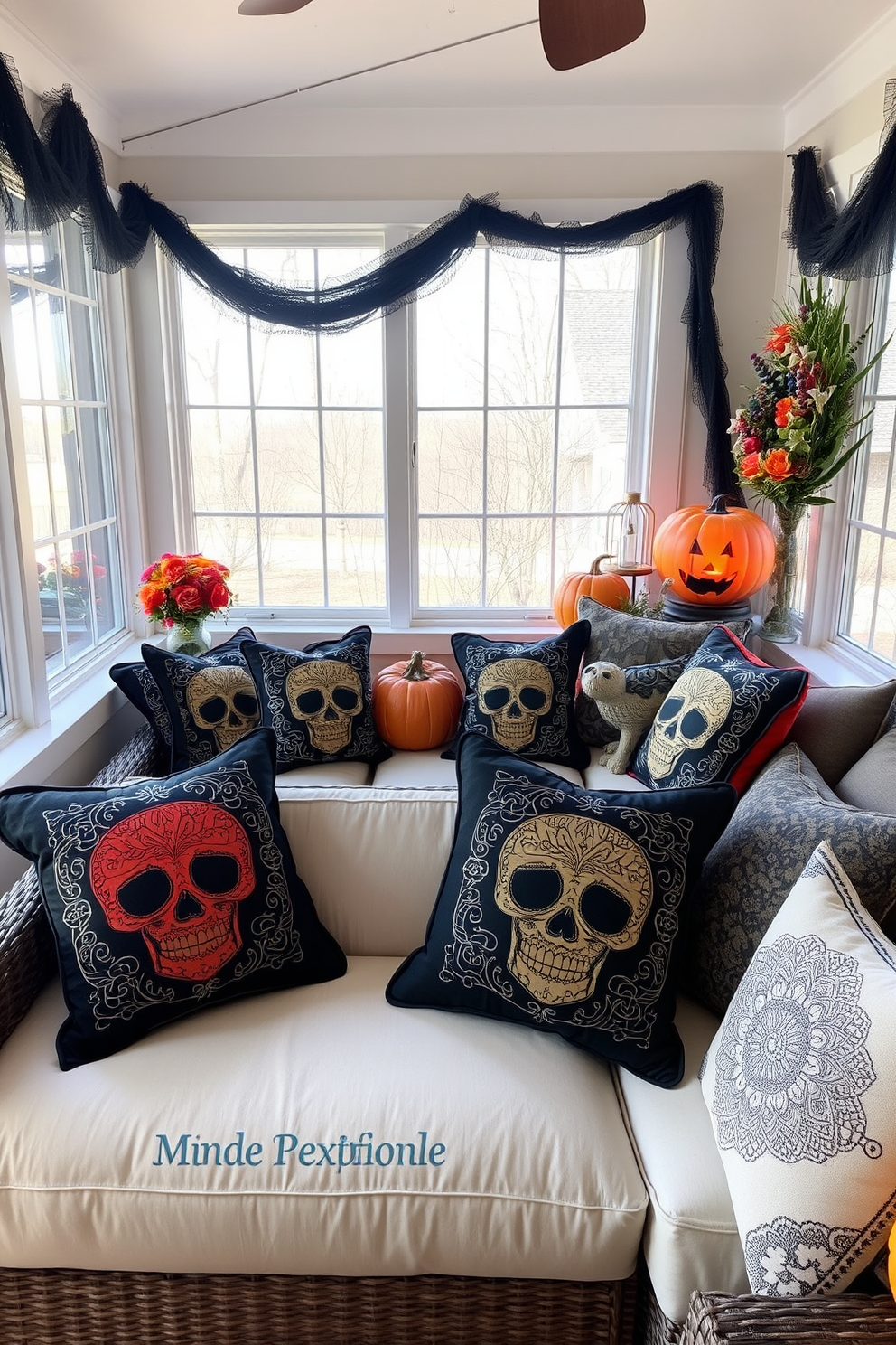 Cushions with intricate skull and pumpkin designs are scattered across a cozy sunroom seating area. The sunroom features large windows that allow natural light to flood in, enhancing the festive atmosphere with seasonal decor.