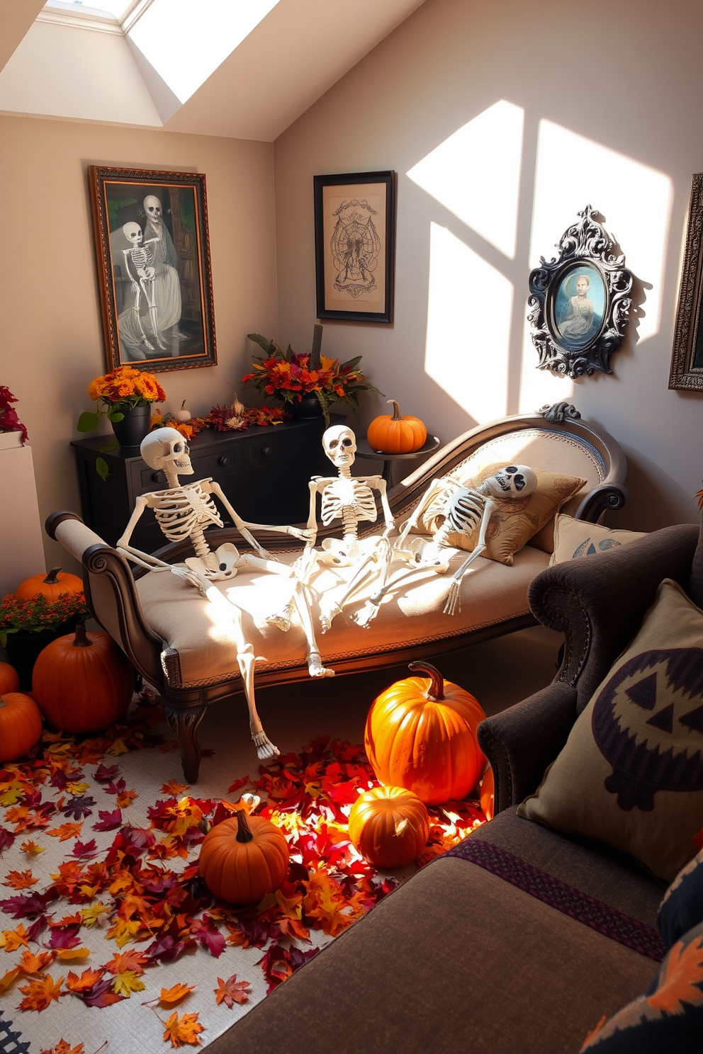 Faux skeletons are casually draped over a vintage chaise lounge in a sunlit corner of the room. Surrounding them are vibrant autumn decorations, including pumpkins and colorful leaves scattered across the floor. The walls are adorned with spooky artwork and eerie lighting casts playful shadows throughout the space. Cozy seating areas are enhanced with plush pillows featuring Halloween motifs, creating a festive yet inviting atmosphere.