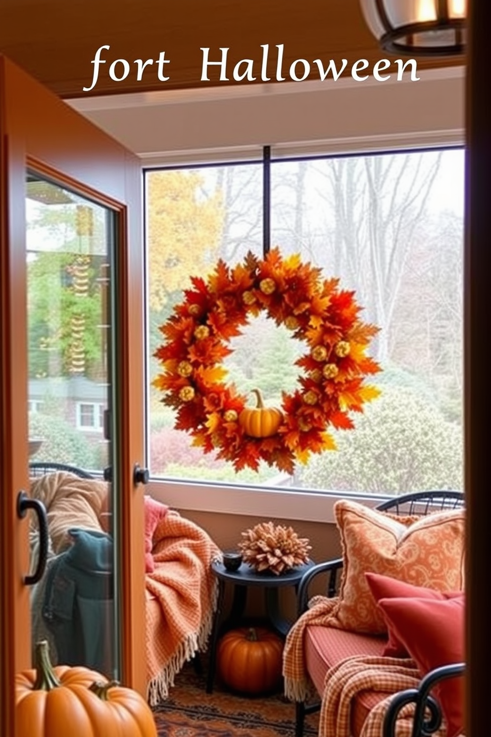 A vibrant seasonal wreath made of autumn leaves and pumpkins adorns the sunroom door. Inside, the sunroom is decorated with cozy throw blankets and decorative pillows in warm hues, creating a festive and inviting atmosphere for Halloween.