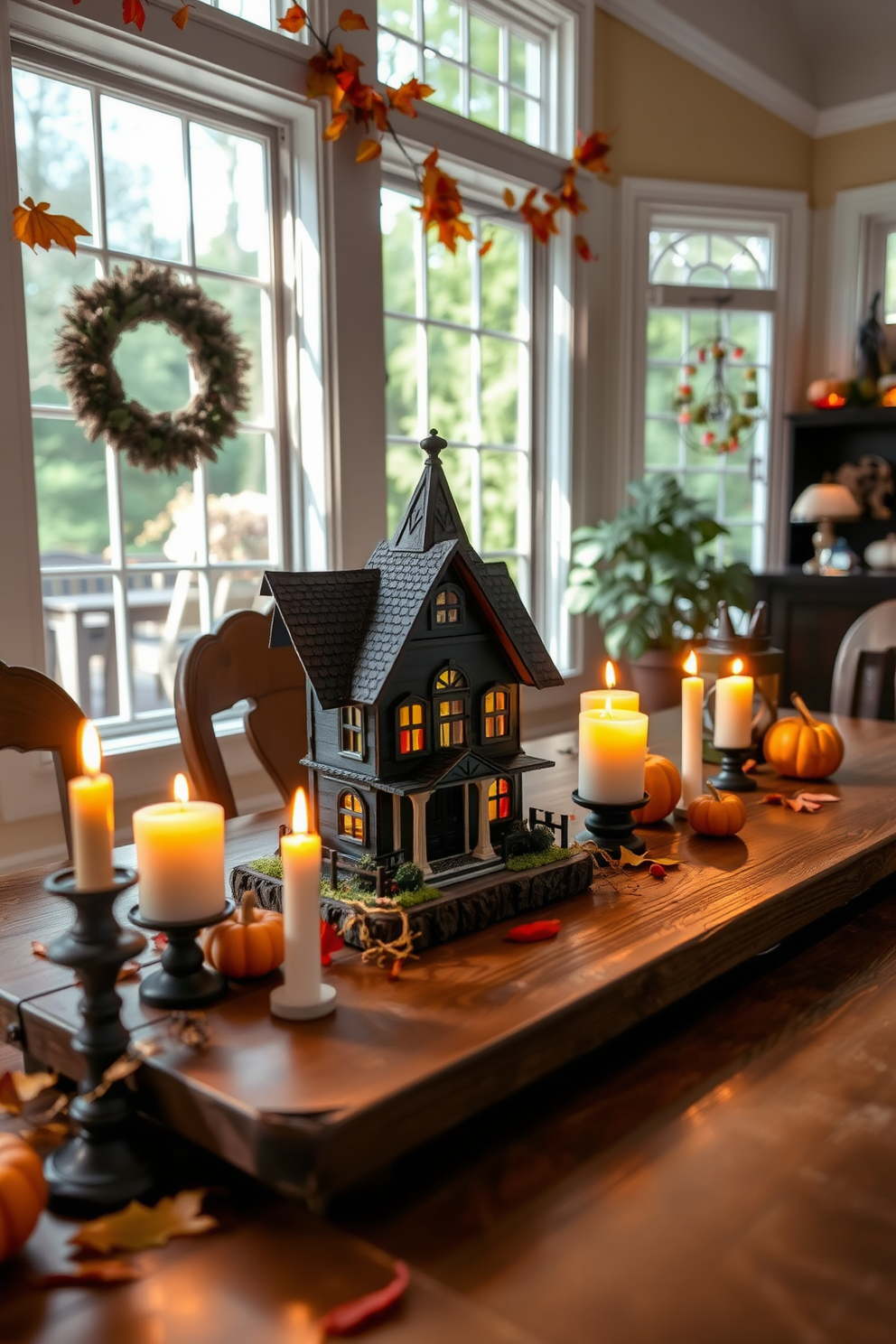 A whimsical miniature haunted house sits on a rustic wooden table, surrounded by flickering LED candles that cast playful shadows. The sunroom is adorned with autumn leaves and small pumpkins, creating a festive yet cozy atmosphere for Halloween.