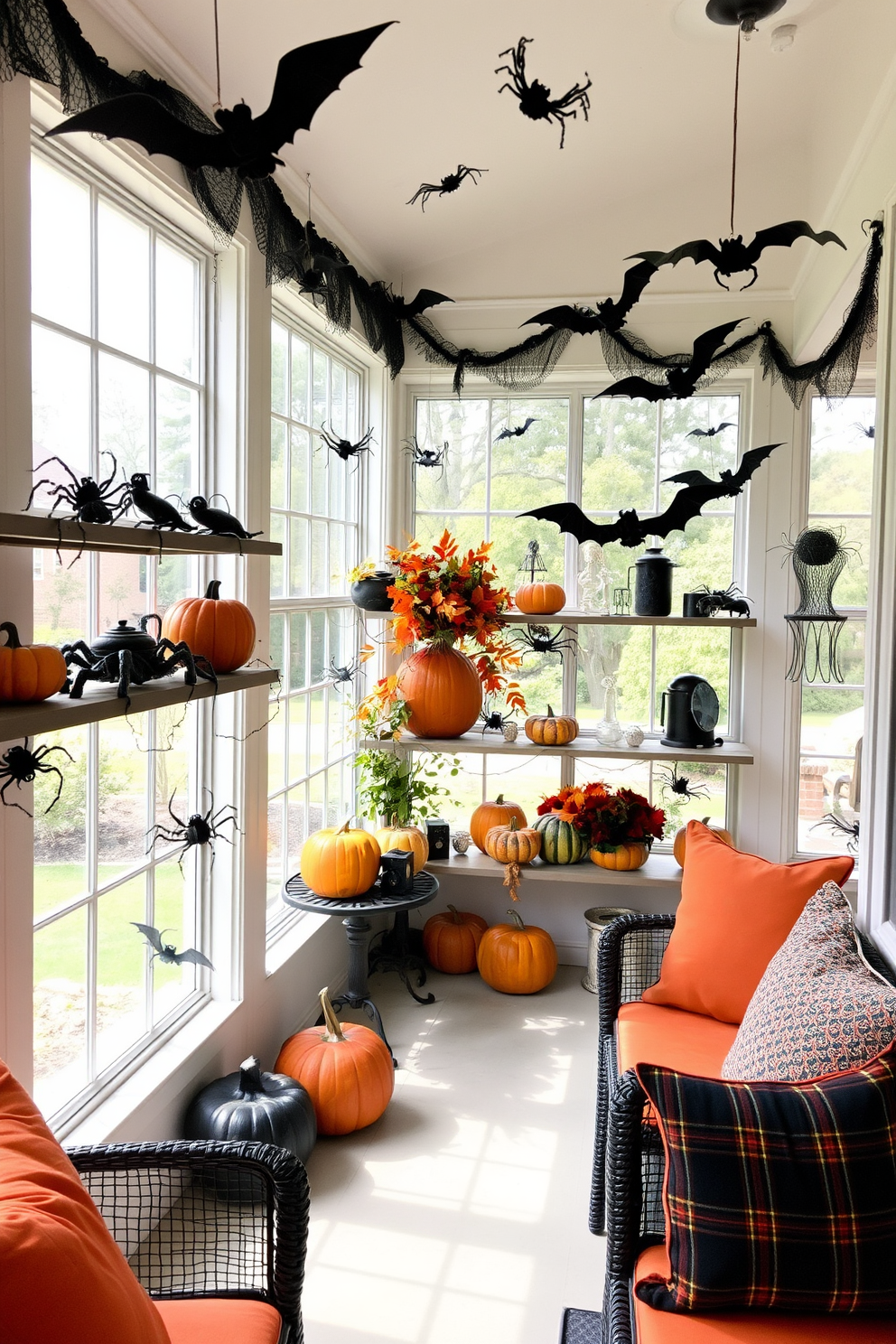 A cozy sunroom decorated for Halloween features hanging lanterns with spooky designs casting eerie shadows on the walls. The space is adorned with autumn leaves, plush cushions in deep orange hues, and a carved pumpkin centerpiece on the coffee table.