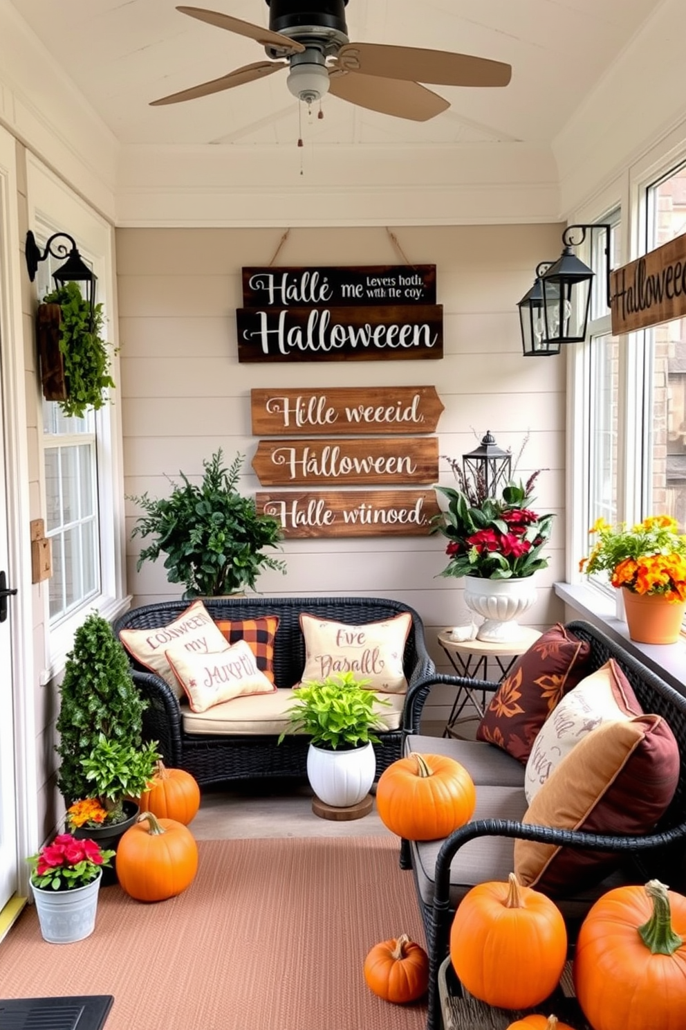 A cozy sunroom adorned with framed spooky artwork on the walls creates a festive atmosphere. The artwork features ghostly scenes and autumnal themes, enhancing the Halloween spirit in the space. Soft, warm lighting illuminates the room, highlighting the intricate details of the decorations. Plush seating with seasonal throw pillows invites relaxation while enjoying the seasonal decor.