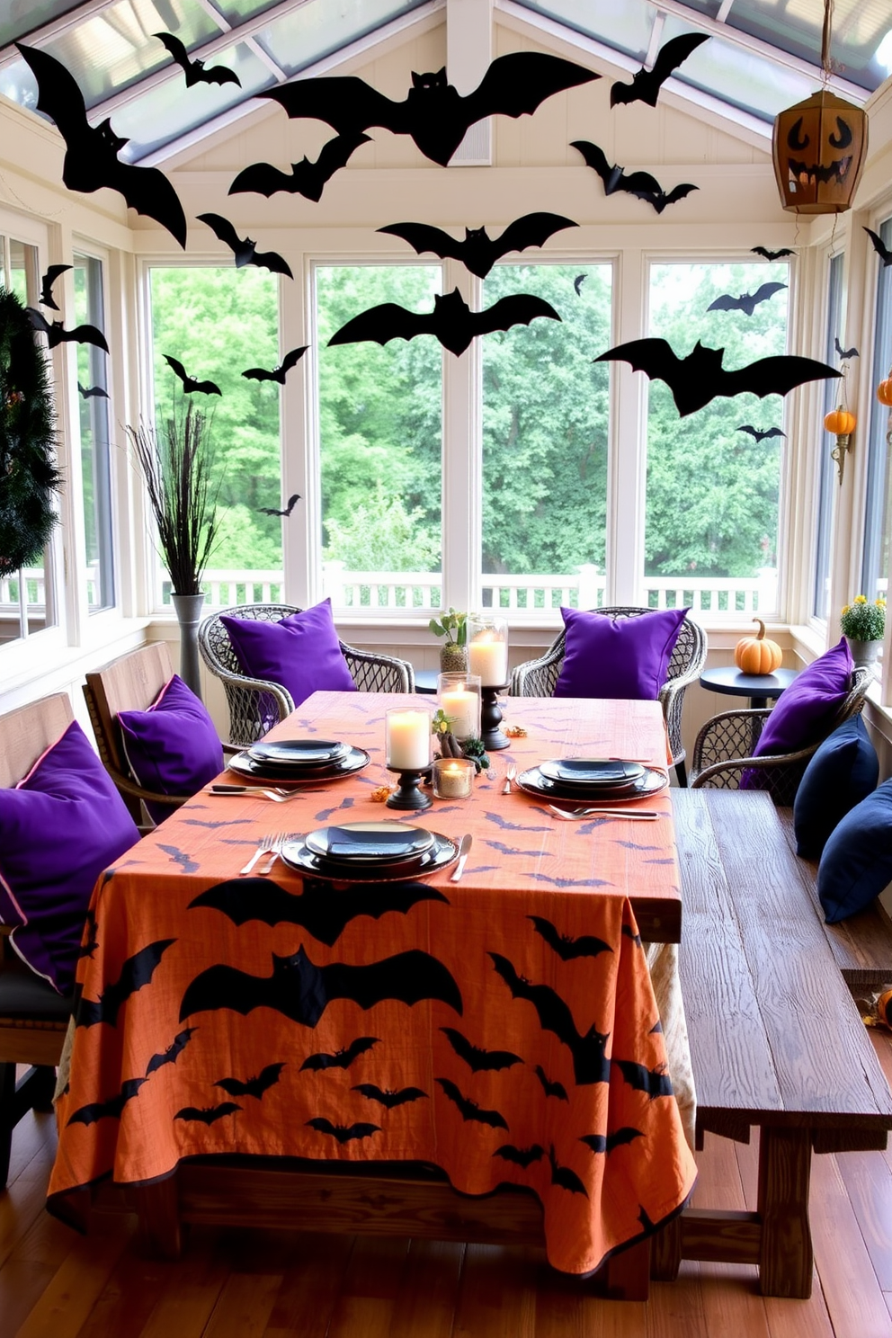 A bat-themed tablecloth drapes elegantly over a rustic wooden dining table adorned with flickering candle holders. The table is set with black and orange dinnerware, and small bat-shaped decorations are scattered across the table for a festive Halloween touch. The sunroom is filled with cozy seating arrangements featuring plush cushions in deep purple and black hues. Halloween-themed decor, such as hanging bats and pumpkin accents, create a whimsical atmosphere while allowing natural light to flood the space.