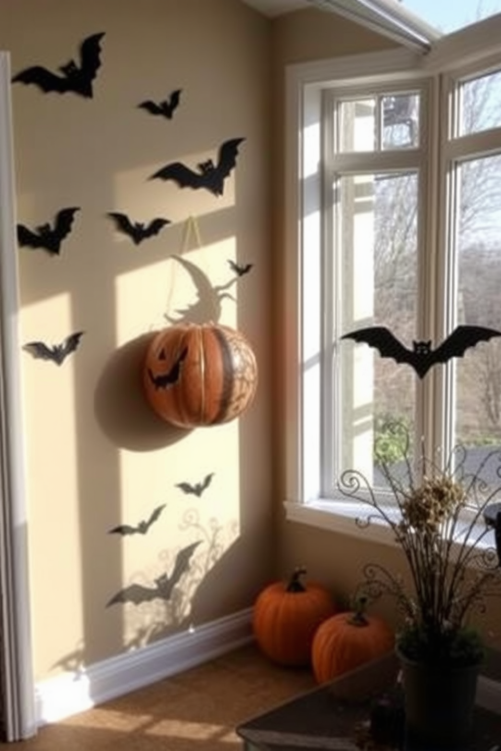 Create a cozy sunroom decorated for Halloween. The walls are adorned with spooky silhouettes of witches and bats, casting eerie shadows in the soft light.