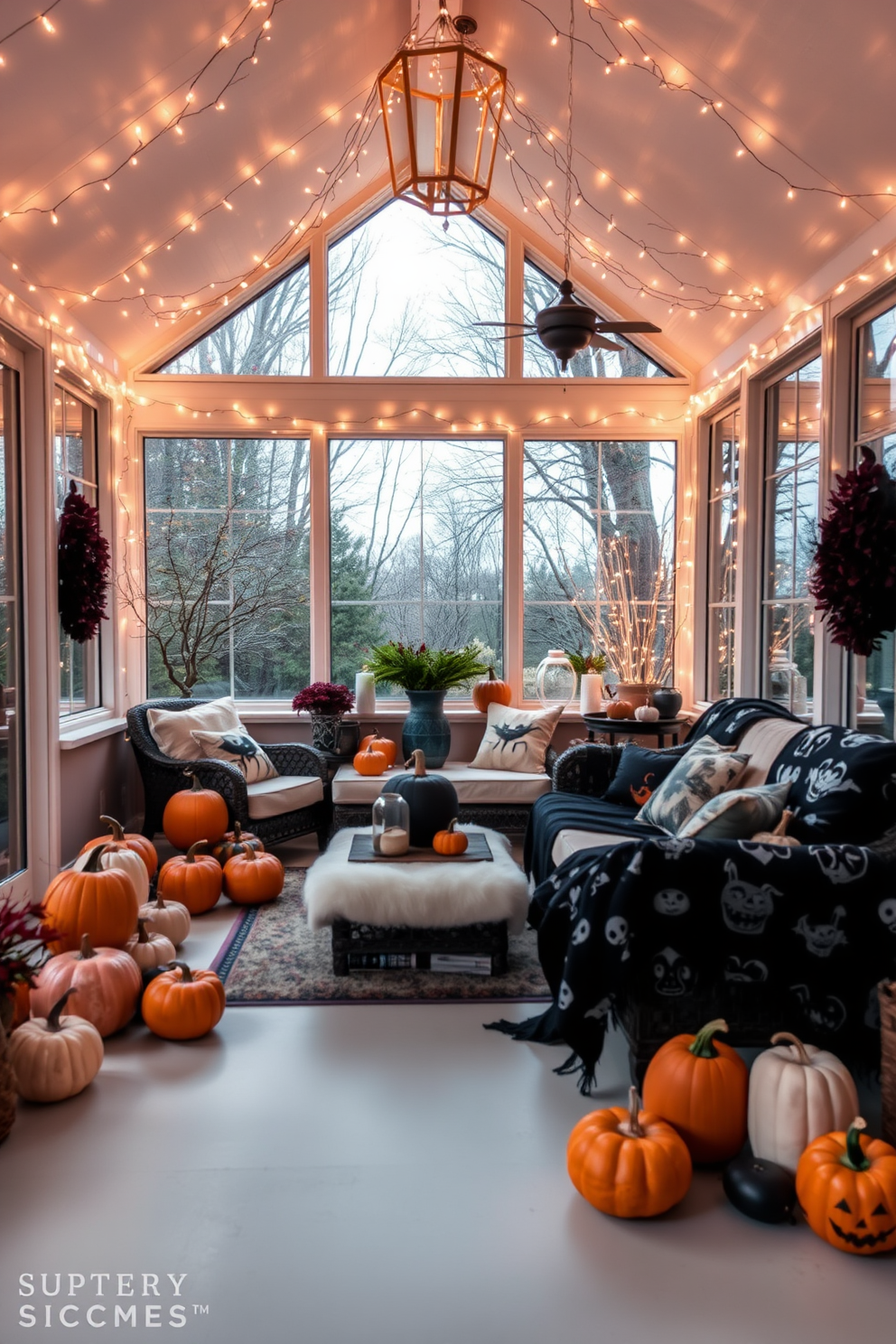 A cozy sunroom adorned with glimmering fairy lights that create a warm and inviting ambiance. The walls are lined with large windows allowing natural light to flow in, while comfortable seating areas are filled with plush cushions and seasonal decor. For Halloween, the sunroom is decorated with playful yet elegant touches. Pumpkins of various sizes are scattered around, and spooky-themed throw blankets drape over the furniture, enhancing the festive atmosphere.