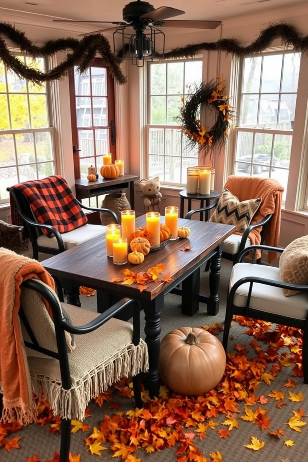 A cozy sunroom adorned for Halloween with pumpkin spice scented candles flickering on a rustic wooden table. Surrounding the table are plush chairs draped in soft, autumn-themed throws, while vibrant orange and yellow leaves are scattered across the floor.